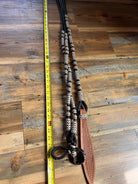 Black and cream chevron 10-plait romal reins with tan woven bit, 55 inches