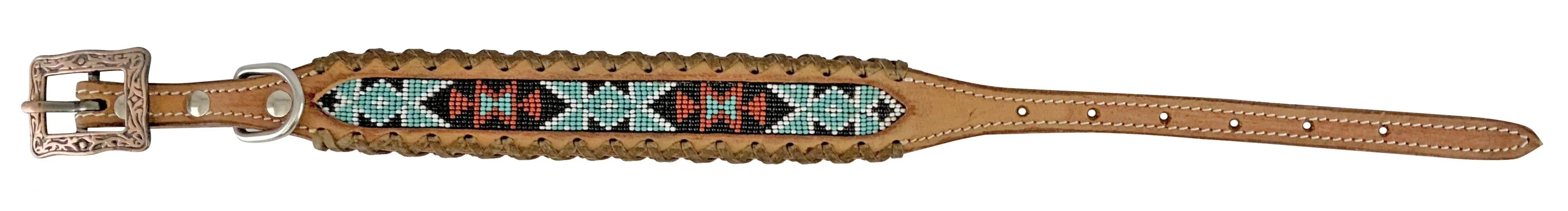 Genuine leather dog collar with teal, white, and black southwest beaded inlay design, a leather wrapped edge Dog
