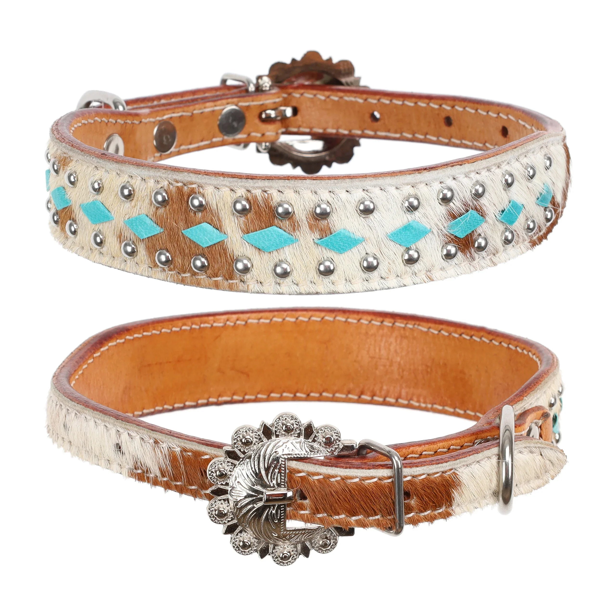 Rawhide Royale cowhide dog collar with turquoise rhinestones, silver buckle
