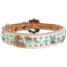 Rawhide Royale brown white cowhide dog collar turquoise diamond inlays silver studs