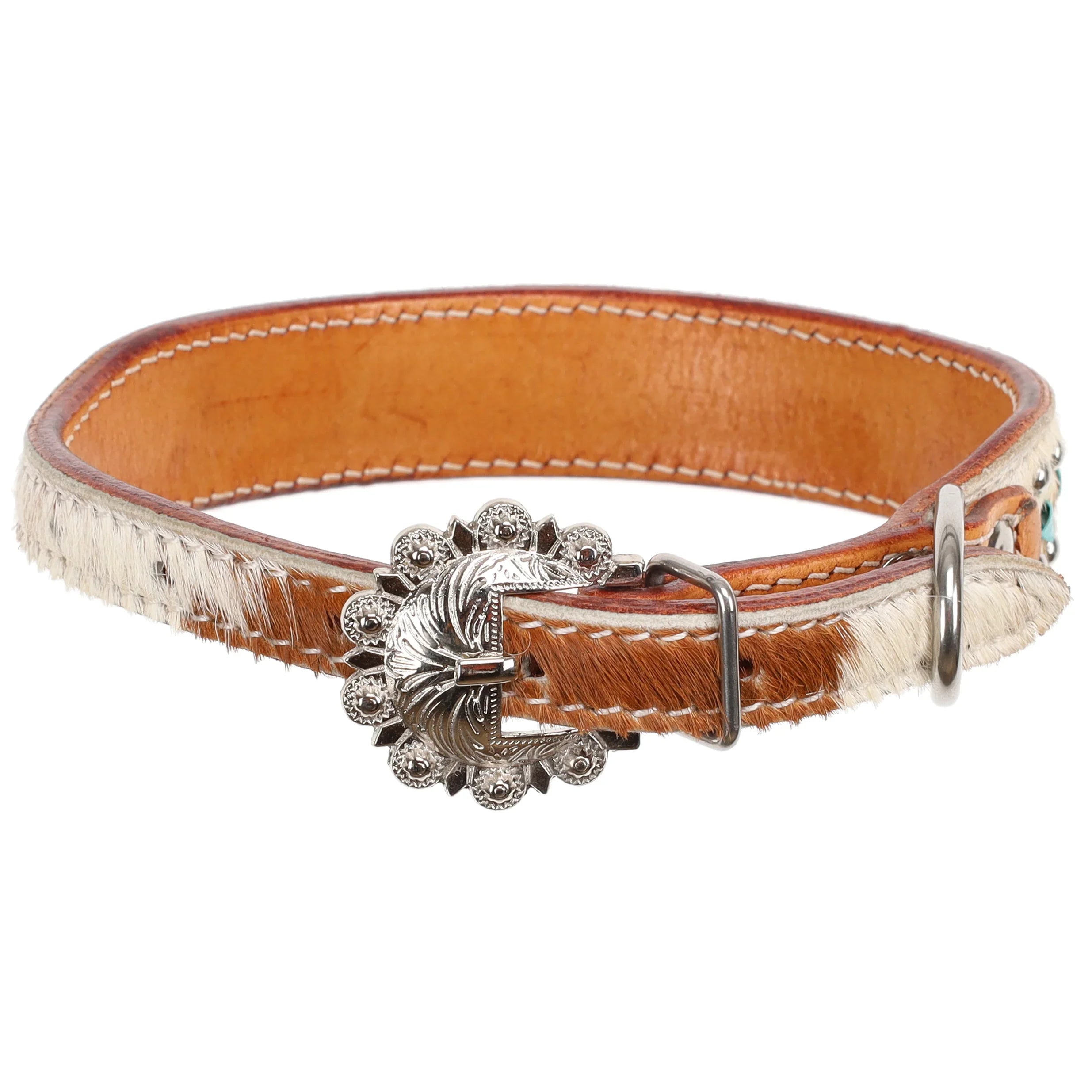 Rawhide Royale brown white cowhide dog collar ornate silver buckle