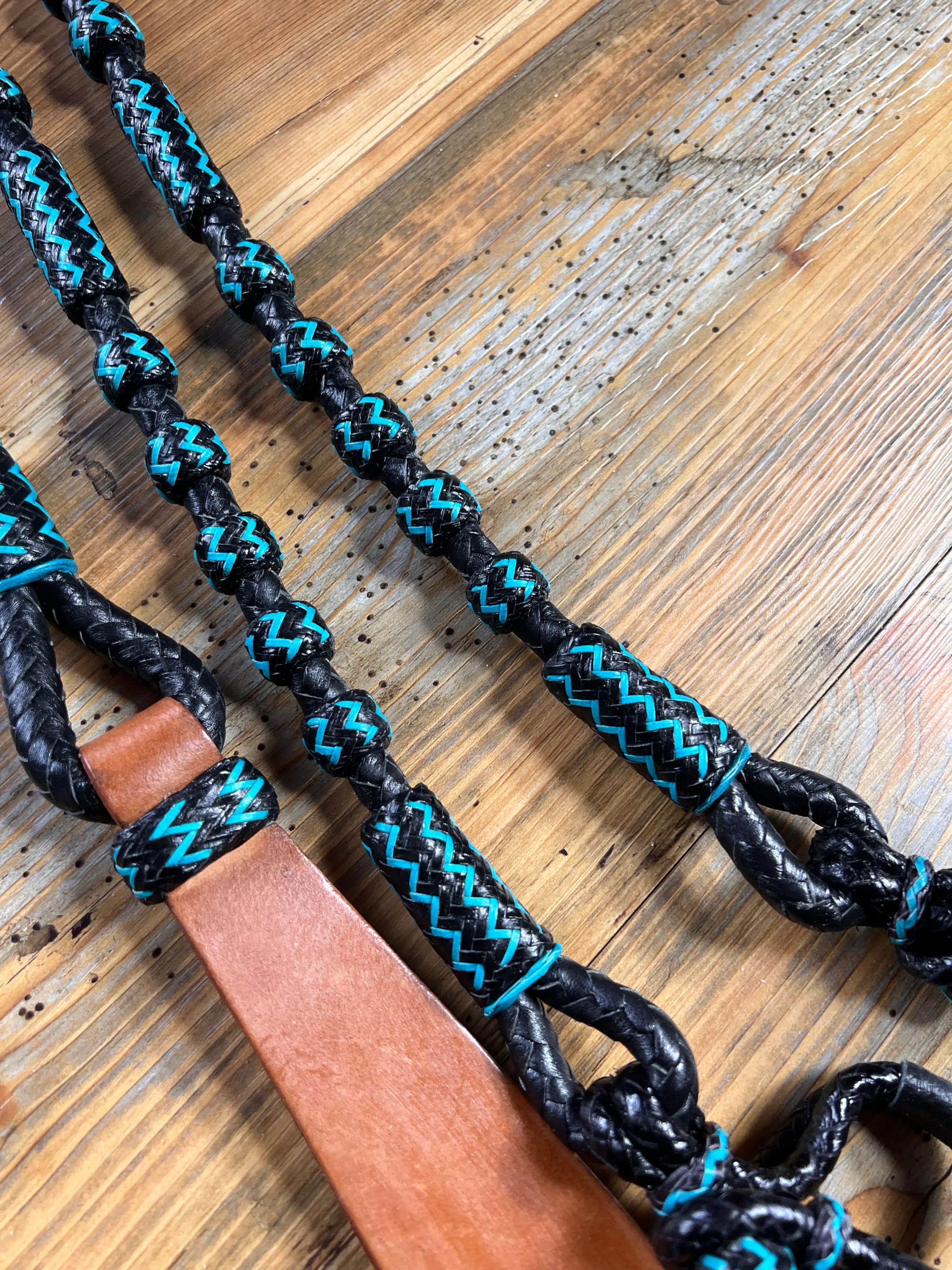 Black and Blue Rawhide 20 Plaits Romel Reins, Romal Reins 55"