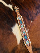 Tan leather halter strap with turquoise, red, white Navajo beaded geometric design