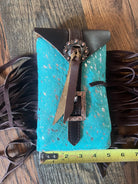Acid wash teal hair-on cowhide saddle bag rear cinch back view
