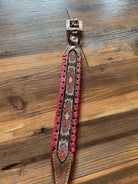 Genuine leather dog collar with pink beaded inlay and silver buckle