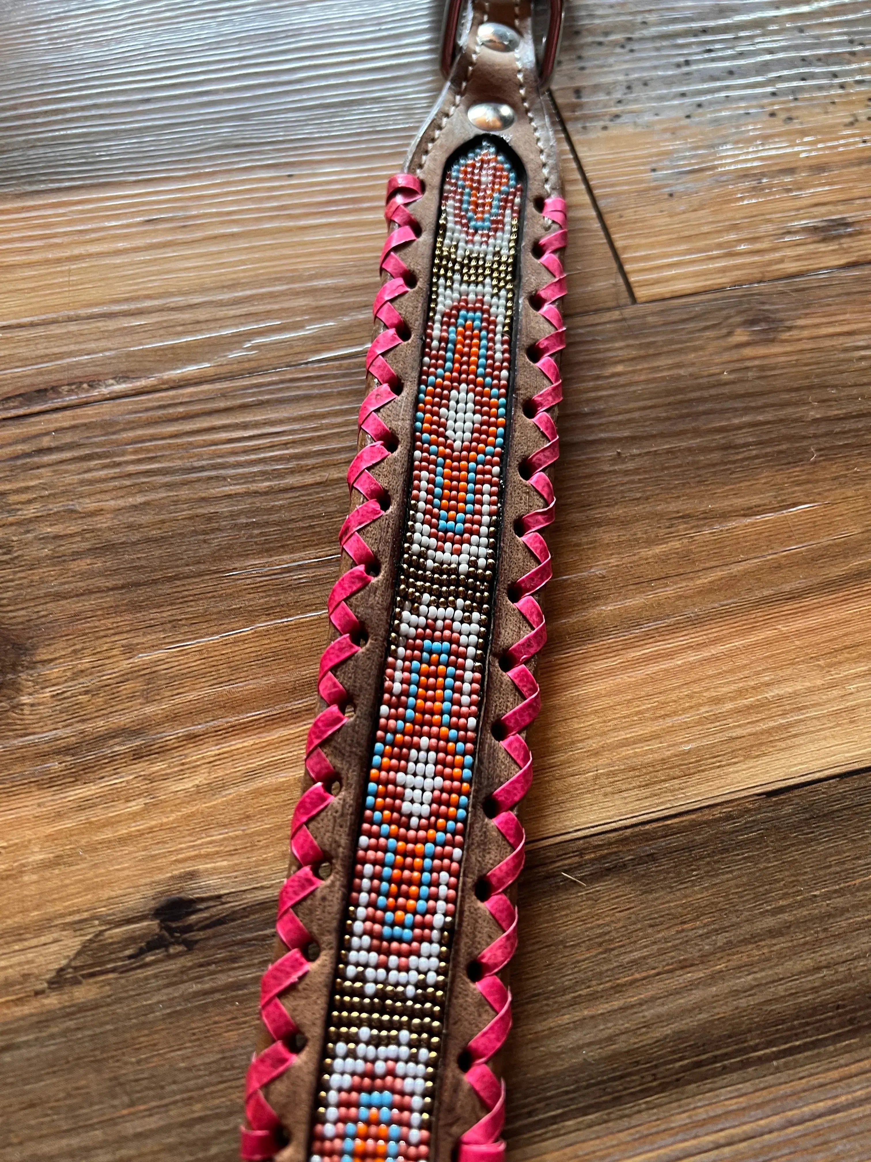 Vibrant pink brown beaded leather dog collar with Navajo geometric inlay