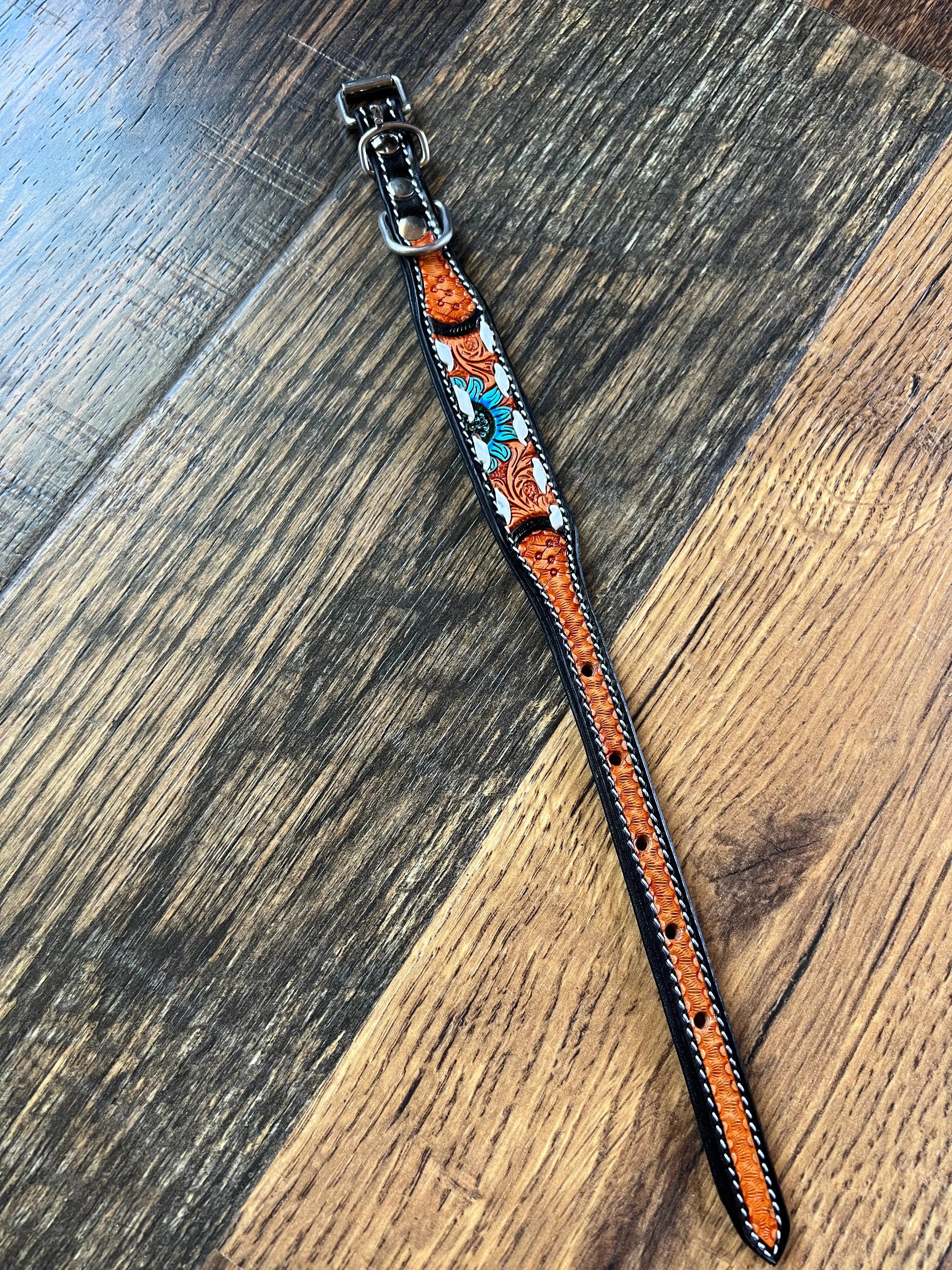 Handcrafted Padded Leather Tooled Dog Collar Blue Sunflower Dog