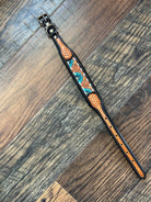 Handcrafted Padded Leather Tooled Dog Collar Blue Sunflower Dog