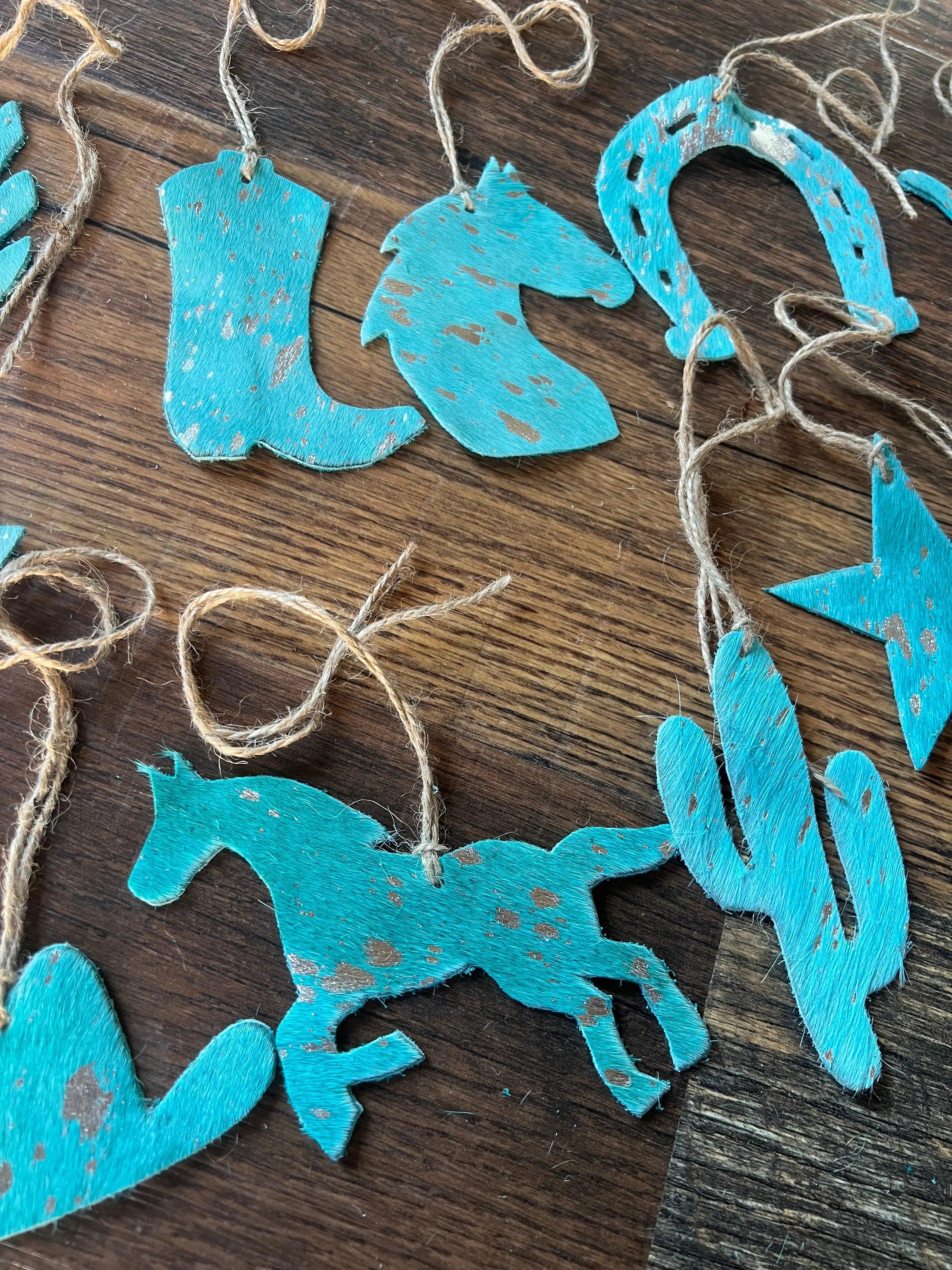 Teal Leather Cowhide Christmas Ornament - Sold Individually