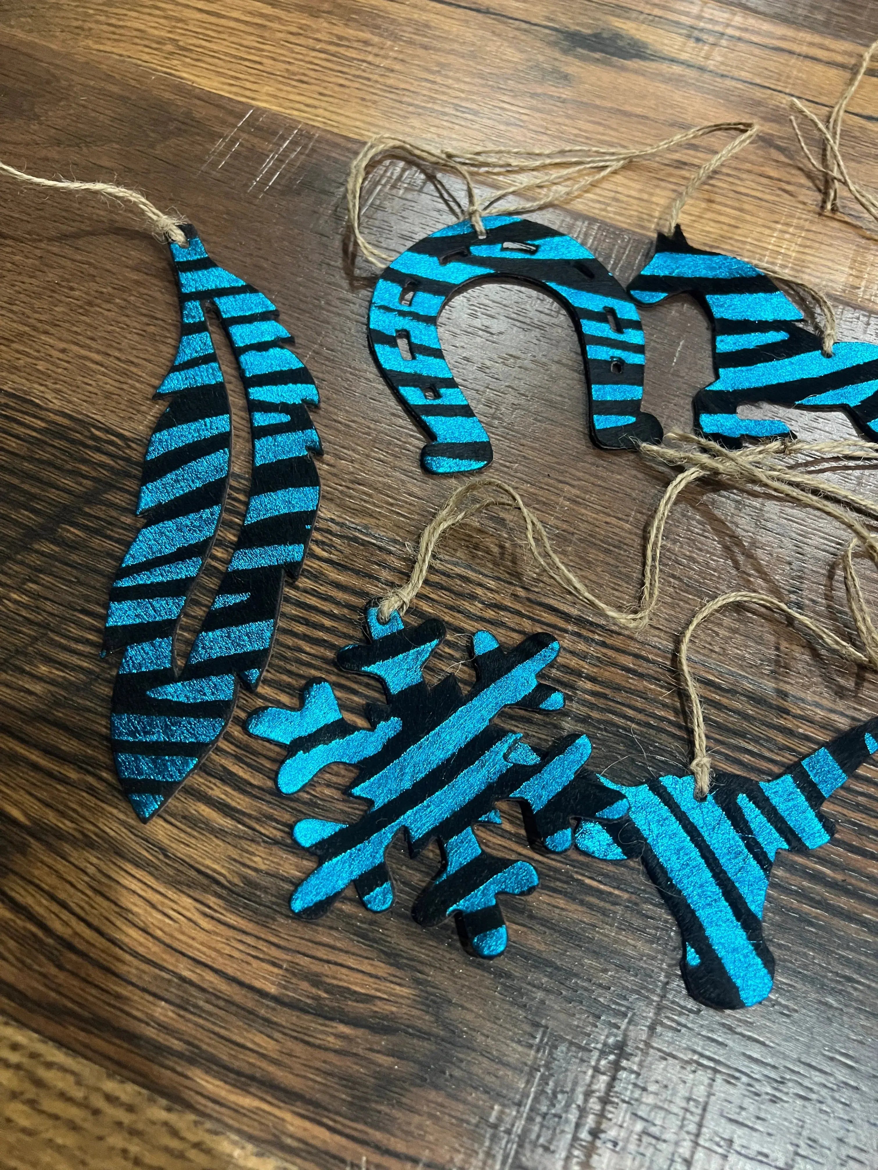 Blue Zebra Leather Cowhide Christmas Ornament - Sold Individually