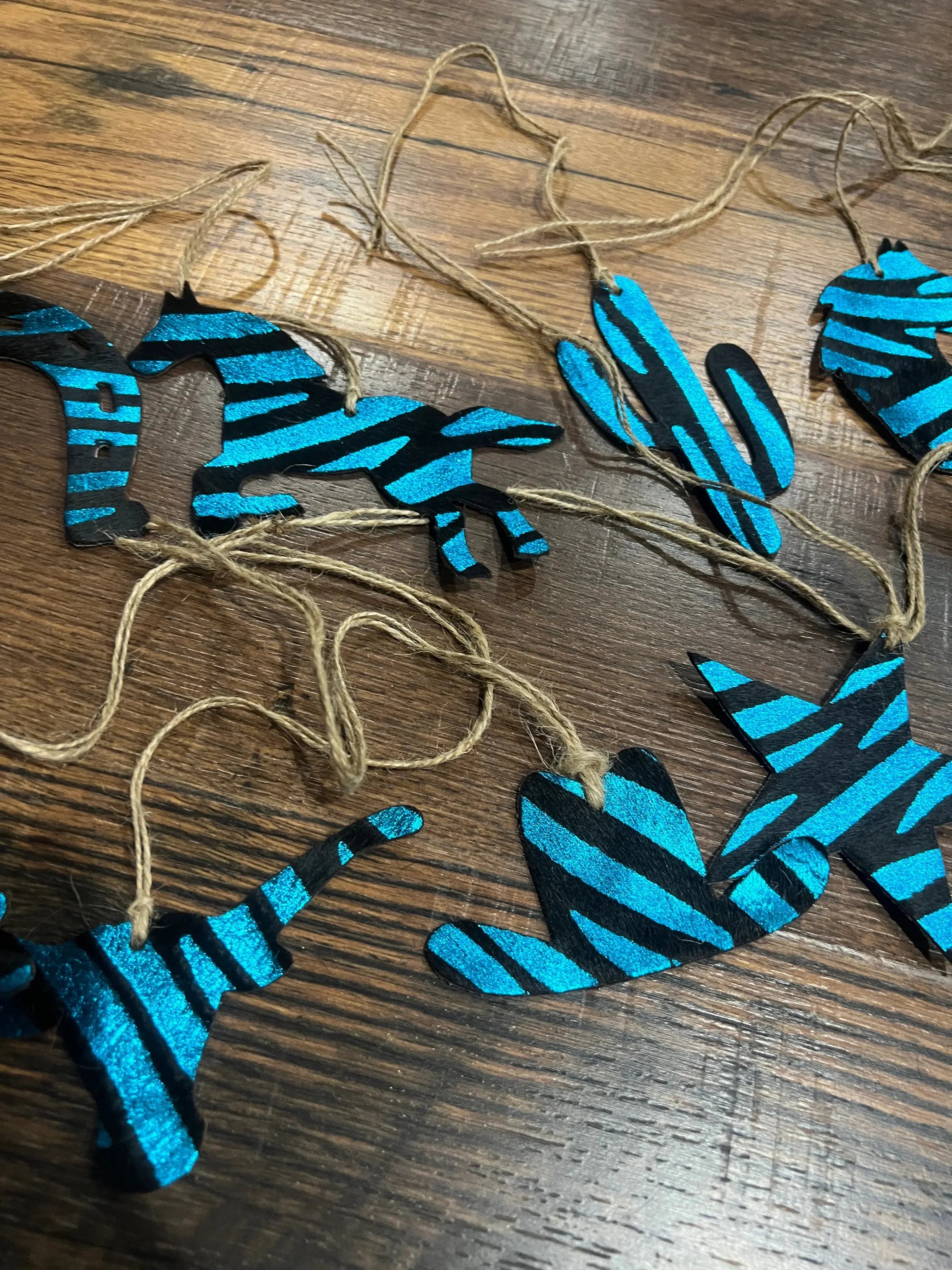 Blue Zebra Leather Cowhide Christmas Ornament - Sold Individually