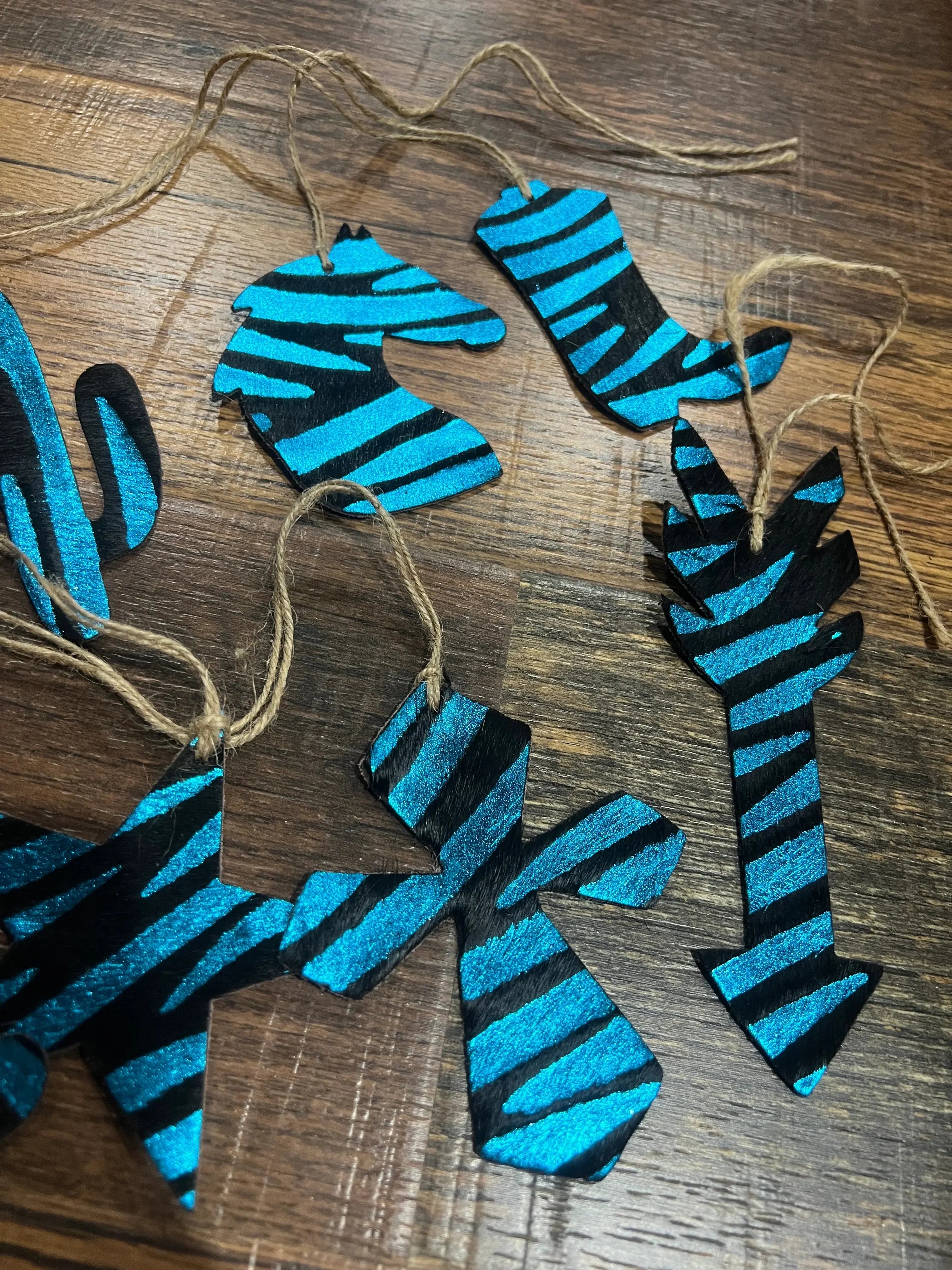 Blue Zebra Leather Cowhide Christmas Ornament - Sold Individually