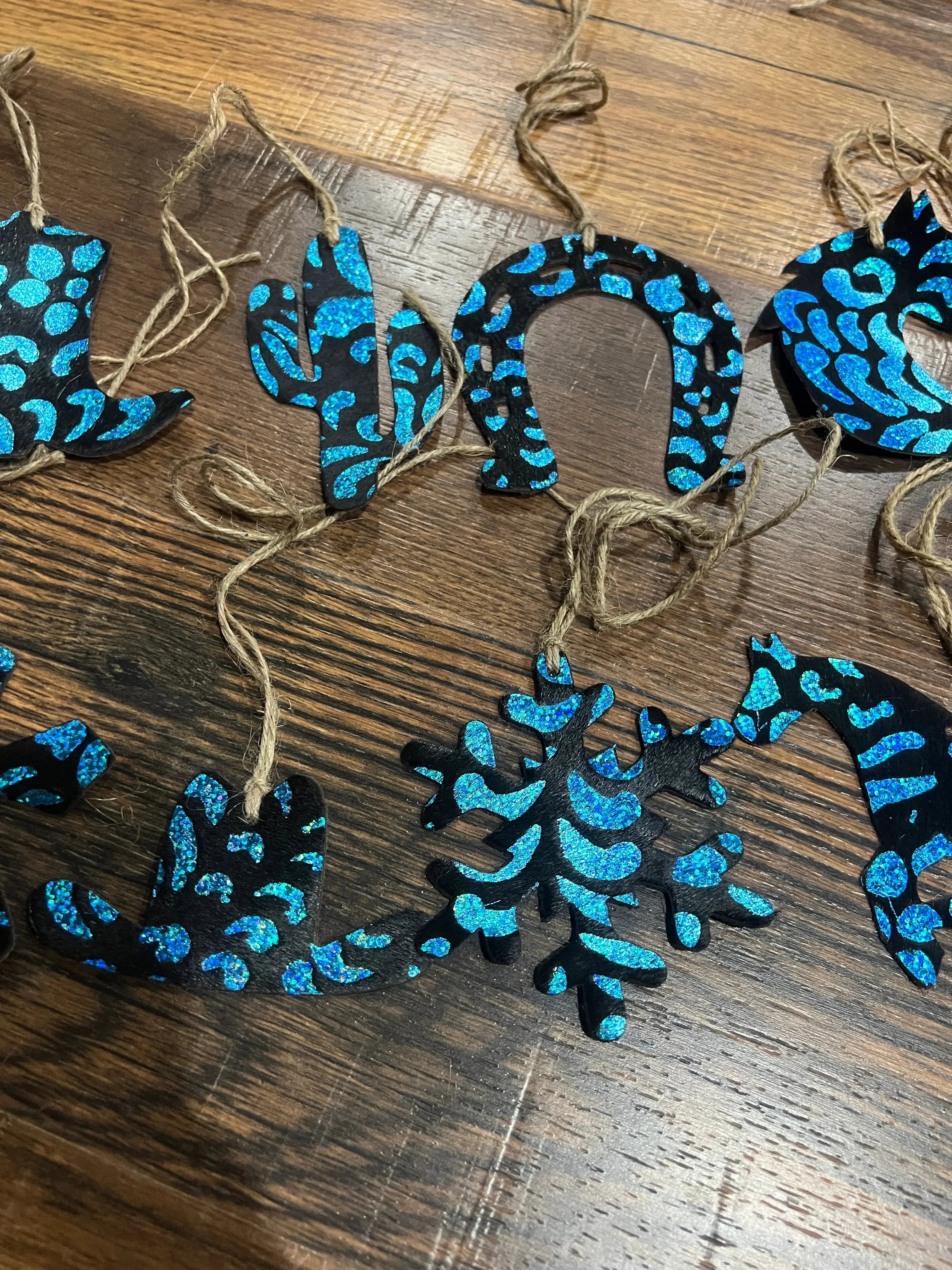 Blue Metallic Glitter Leather Cowhide Christmas Ornament - Sold Individually