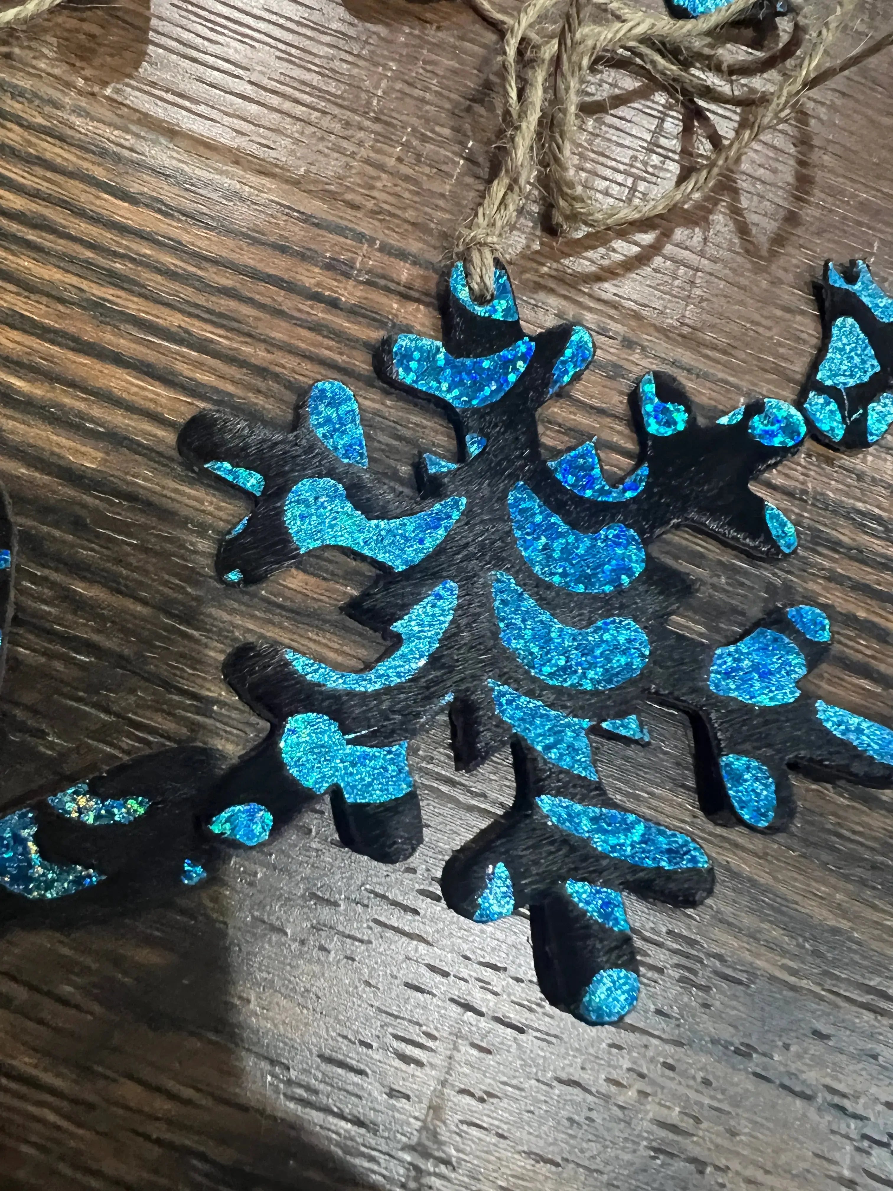 Blue Metallic Glitter Leather Cowhide Christmas Ornament - Sold Individually