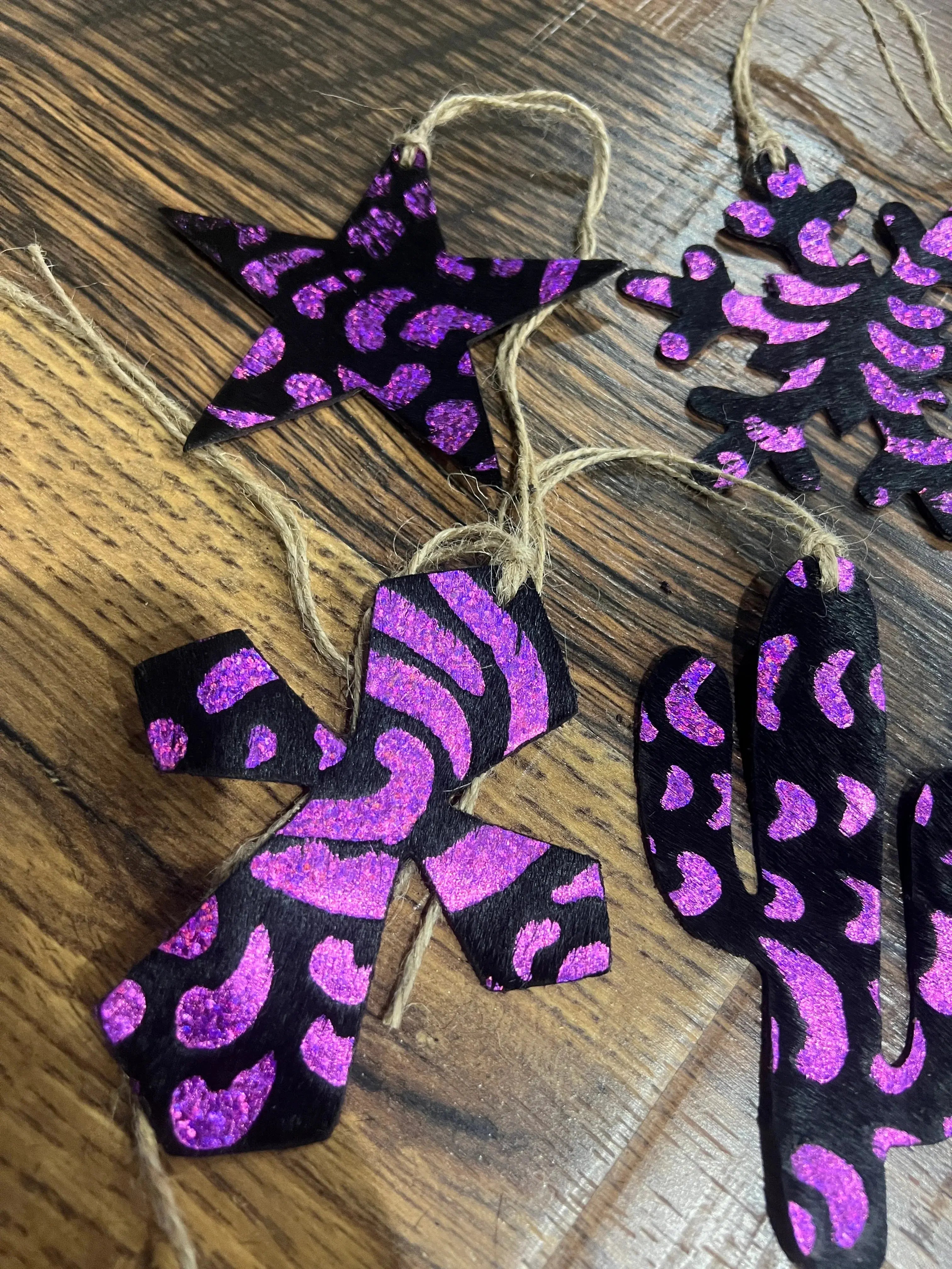 Pink Metallic Glitter Leather Cowhide Christmas Ornament - Sold Individually