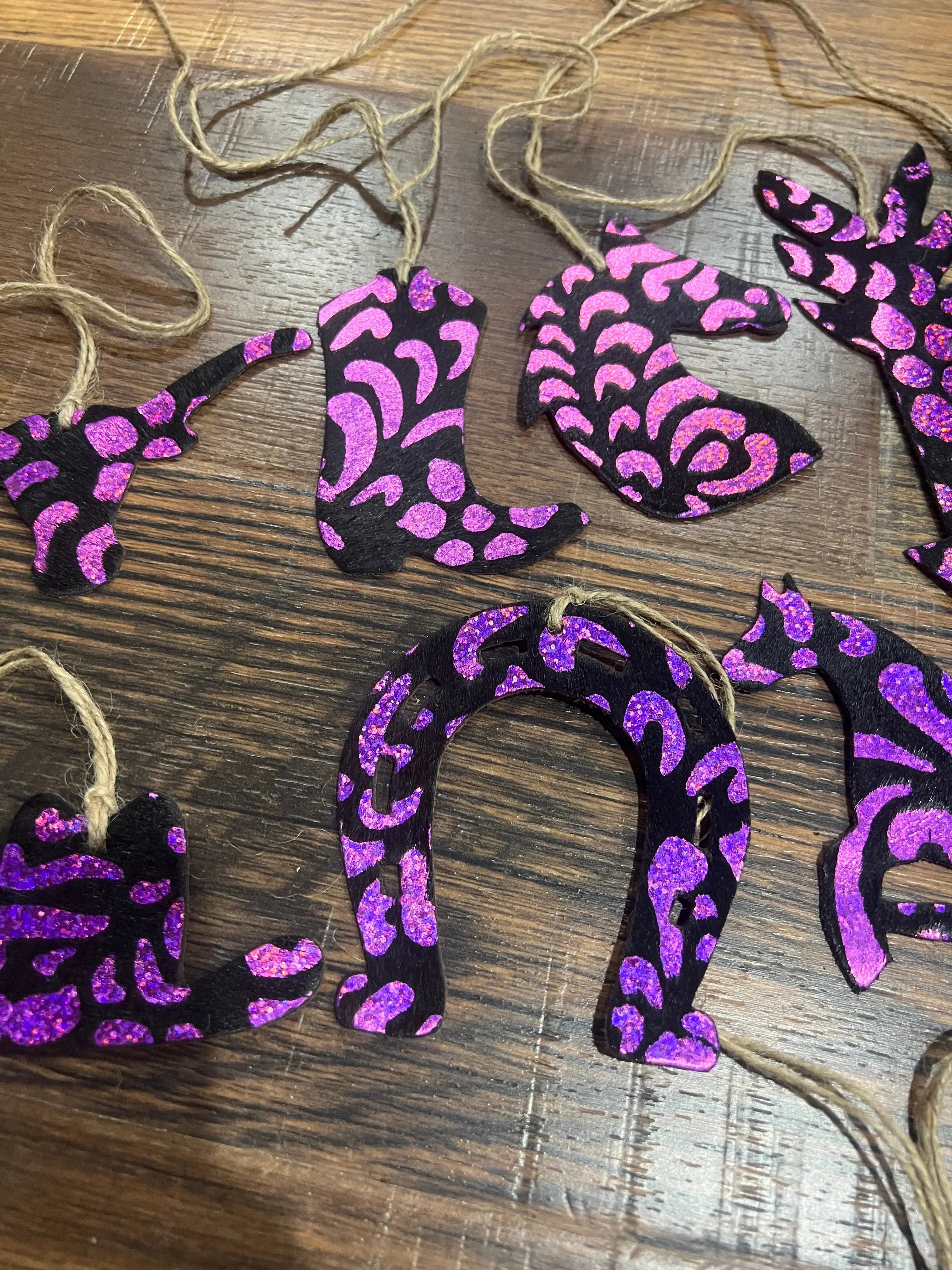 Pink Metallic Glitter Leather Cowhide Christmas Ornament - Sold Individually