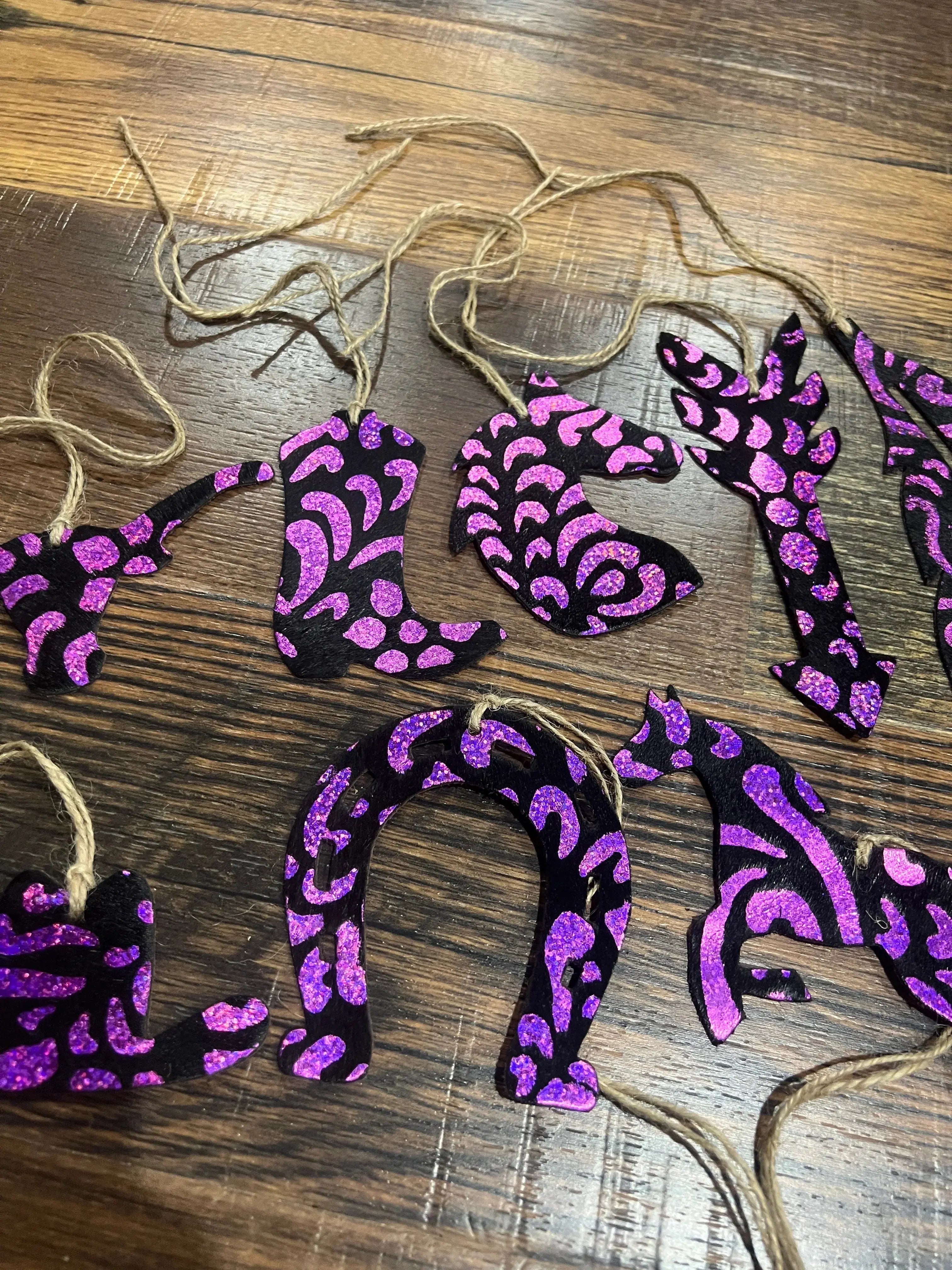 Pink Metallic Glitter Leather Cowhide Christmas Ornament - Sold Individually