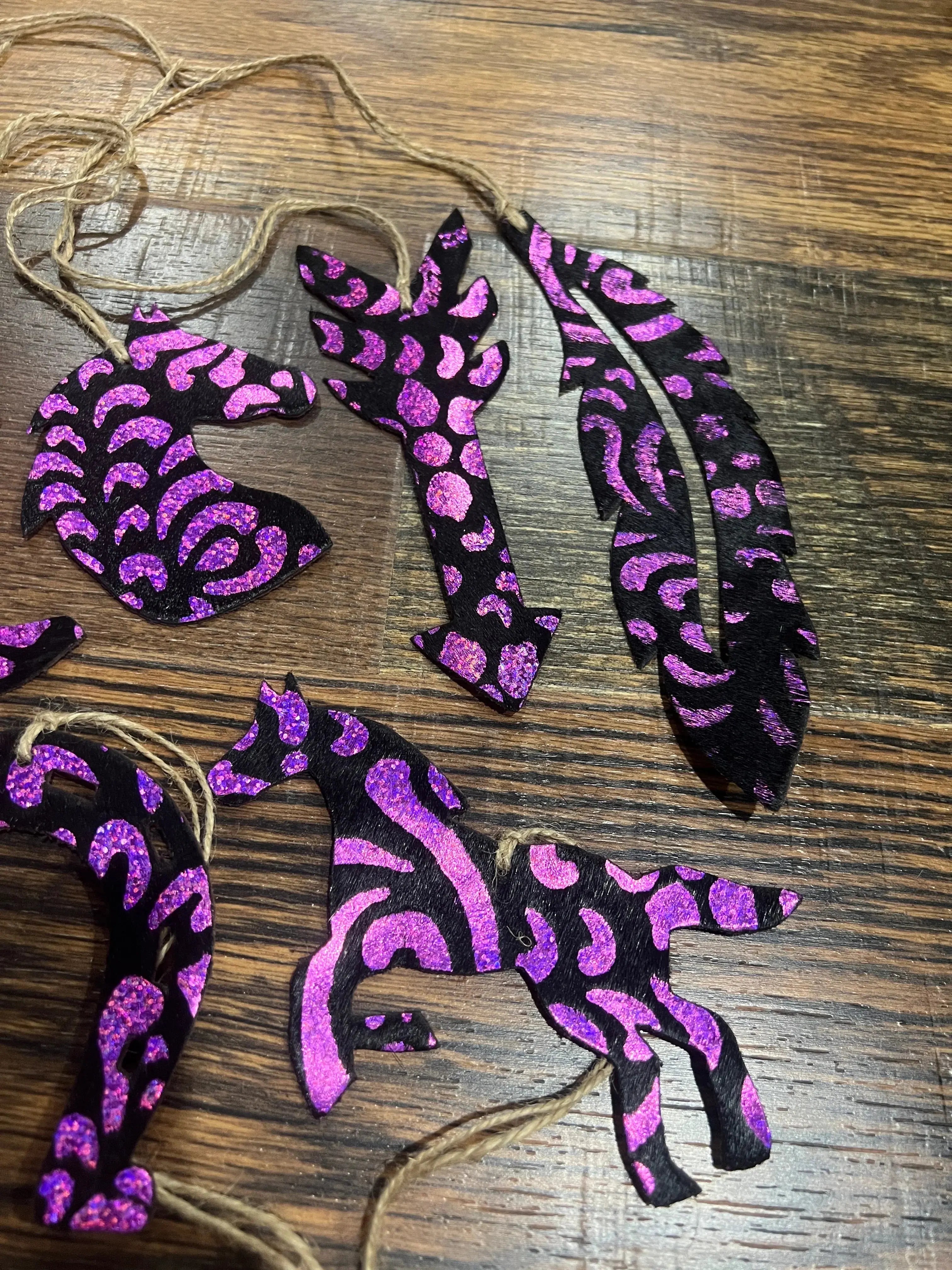 Pink Metallic Glitter Leather Cowhide Christmas Ornament - Sold Individually