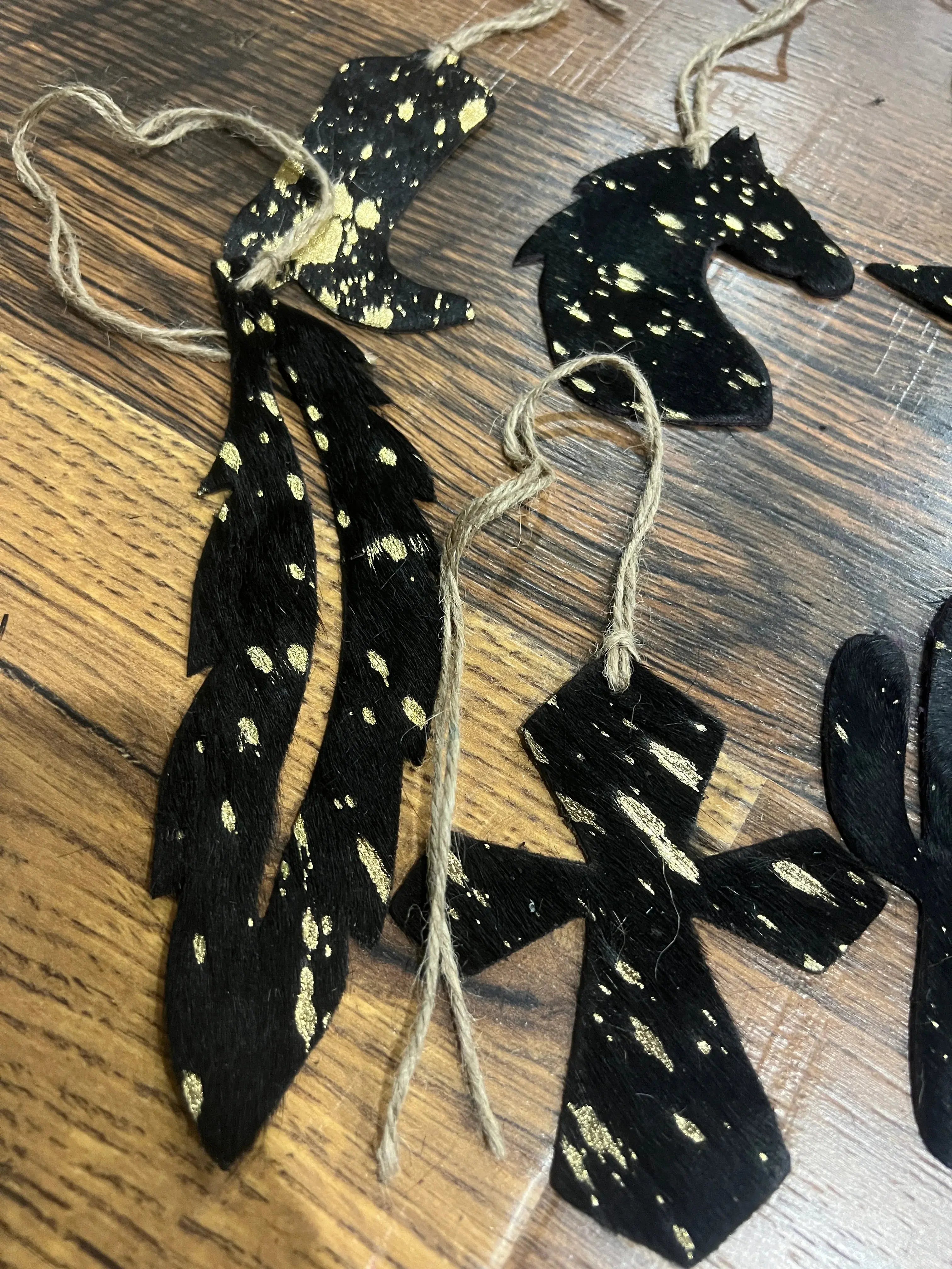 Gold/Black Acid Wash Leather Cowhide Christmas Ornament - Sold Individually