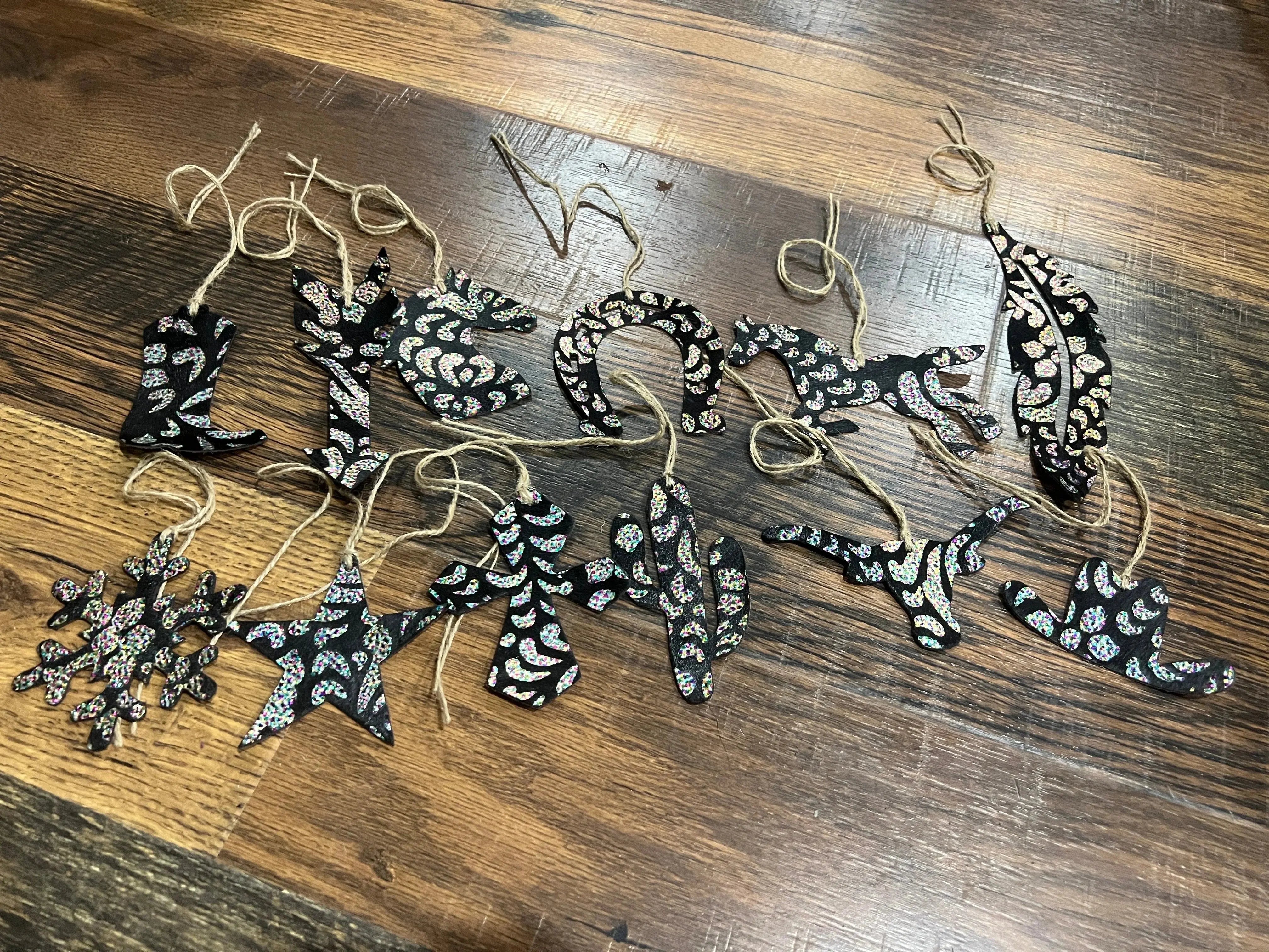 RAINBOW METALLIC GLITTER Leather Cowhide Christmas Ornament -Sold Individually