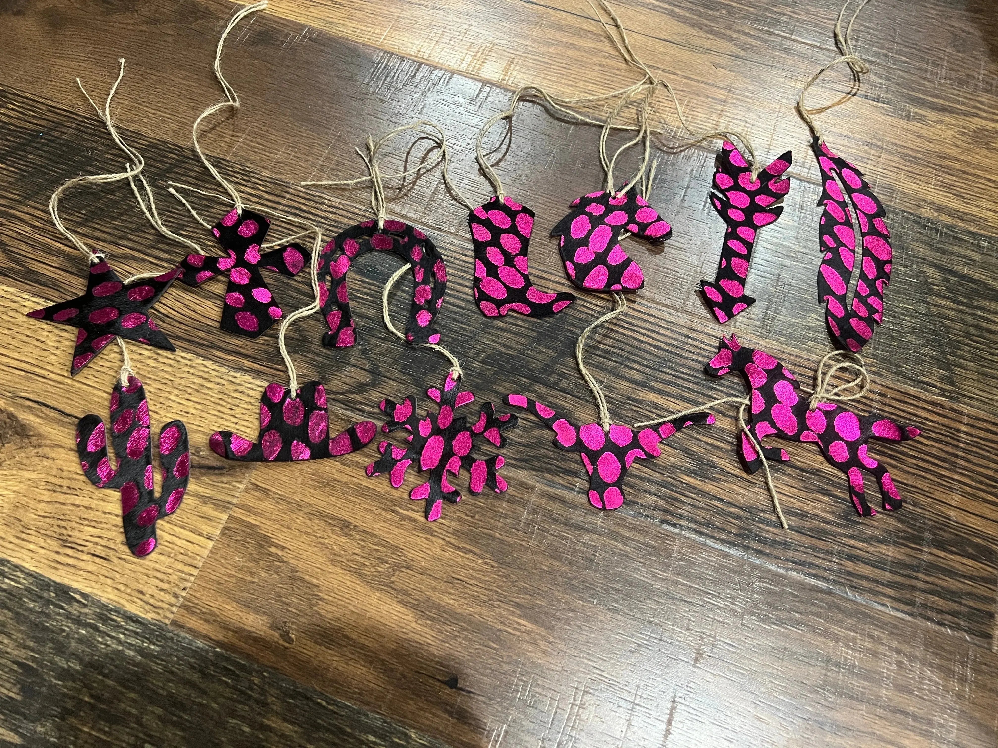 PINK SPOTTED Leather Cowhide Christmas Ornament - Sold Individually