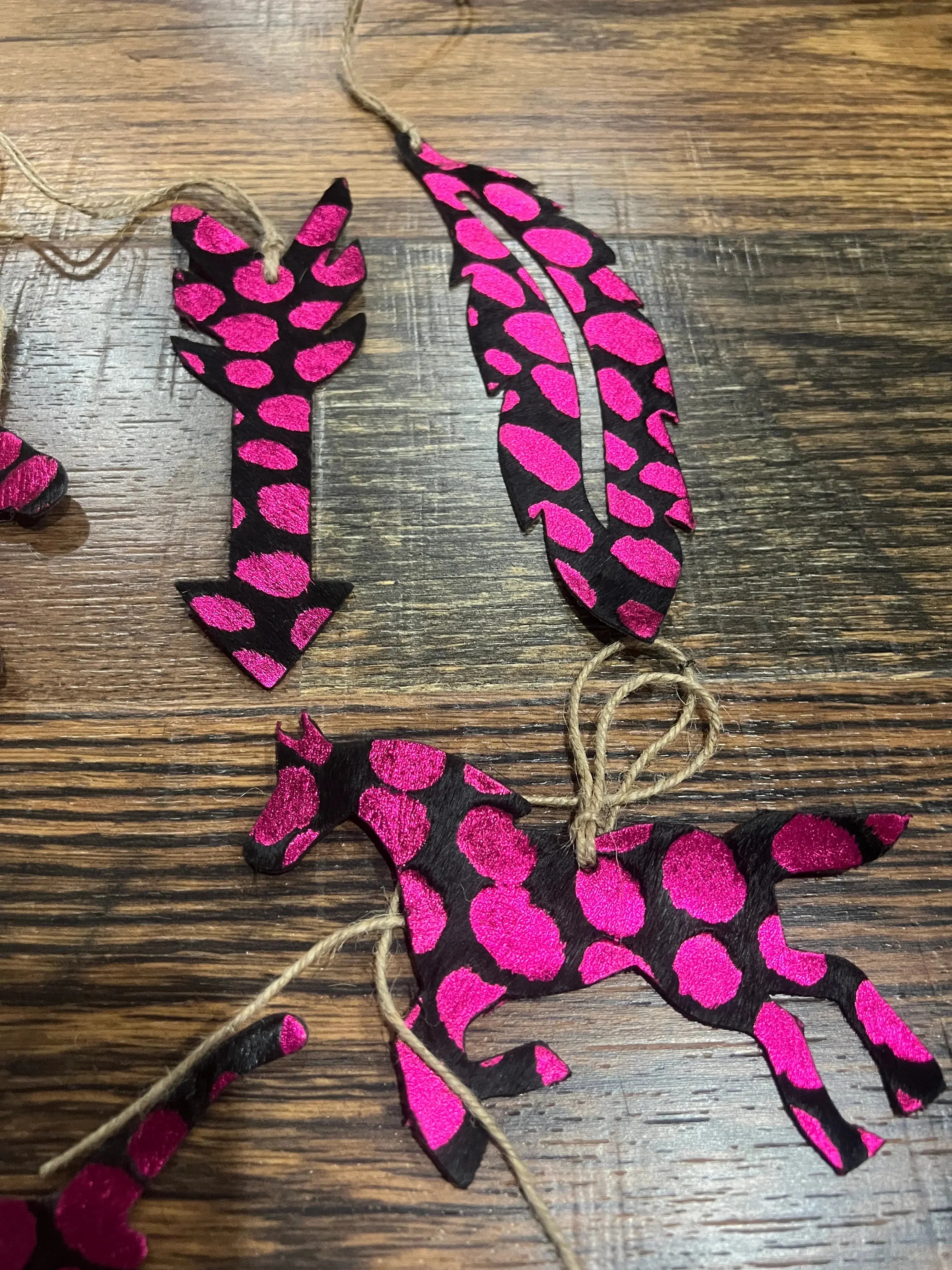 PINK SPOTTED Leather Cowhide Christmas Ornament - Sold Individually
