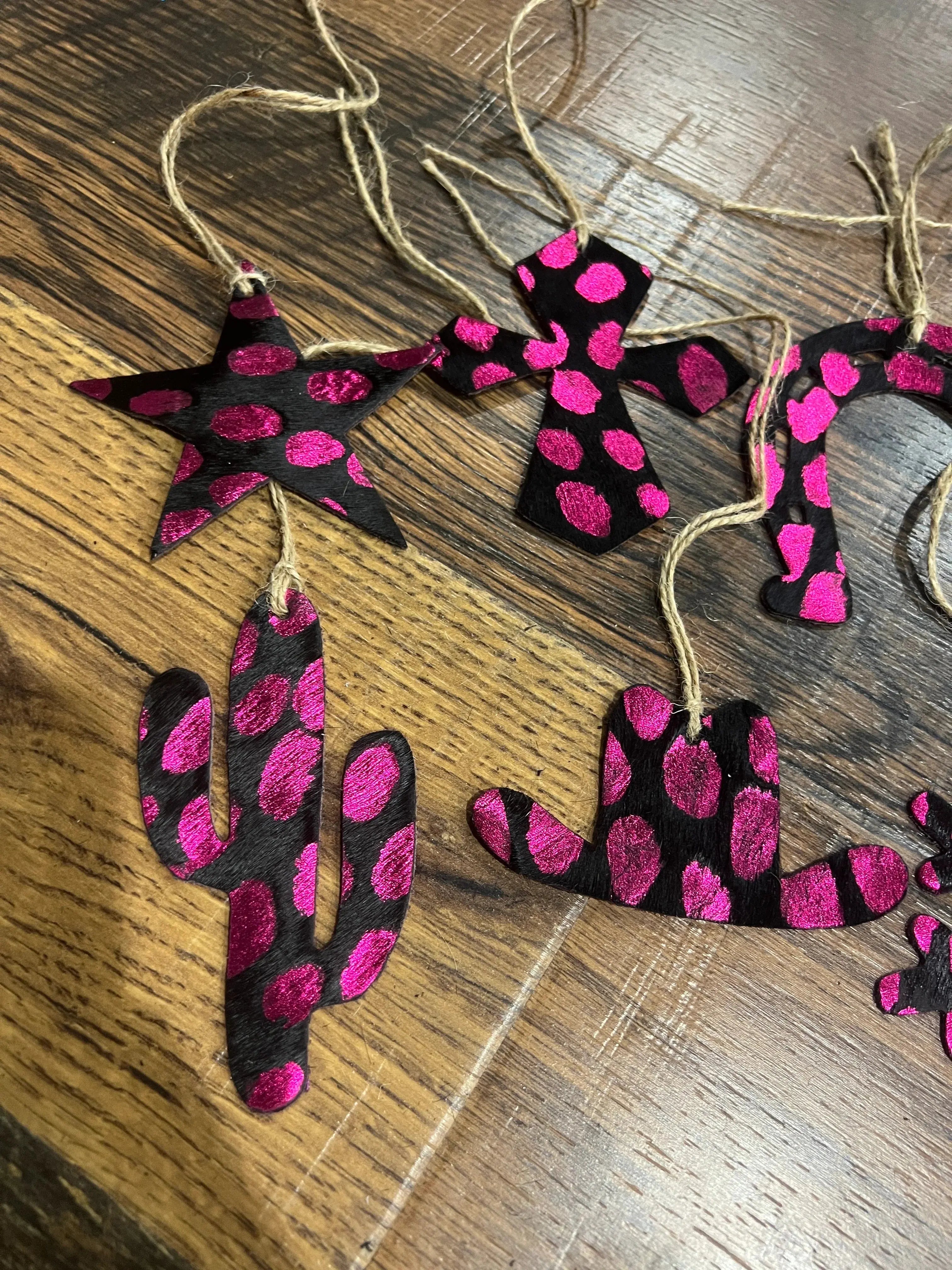 PINK SPOTTED Leather Cowhide Christmas Ornament - Sold Individually