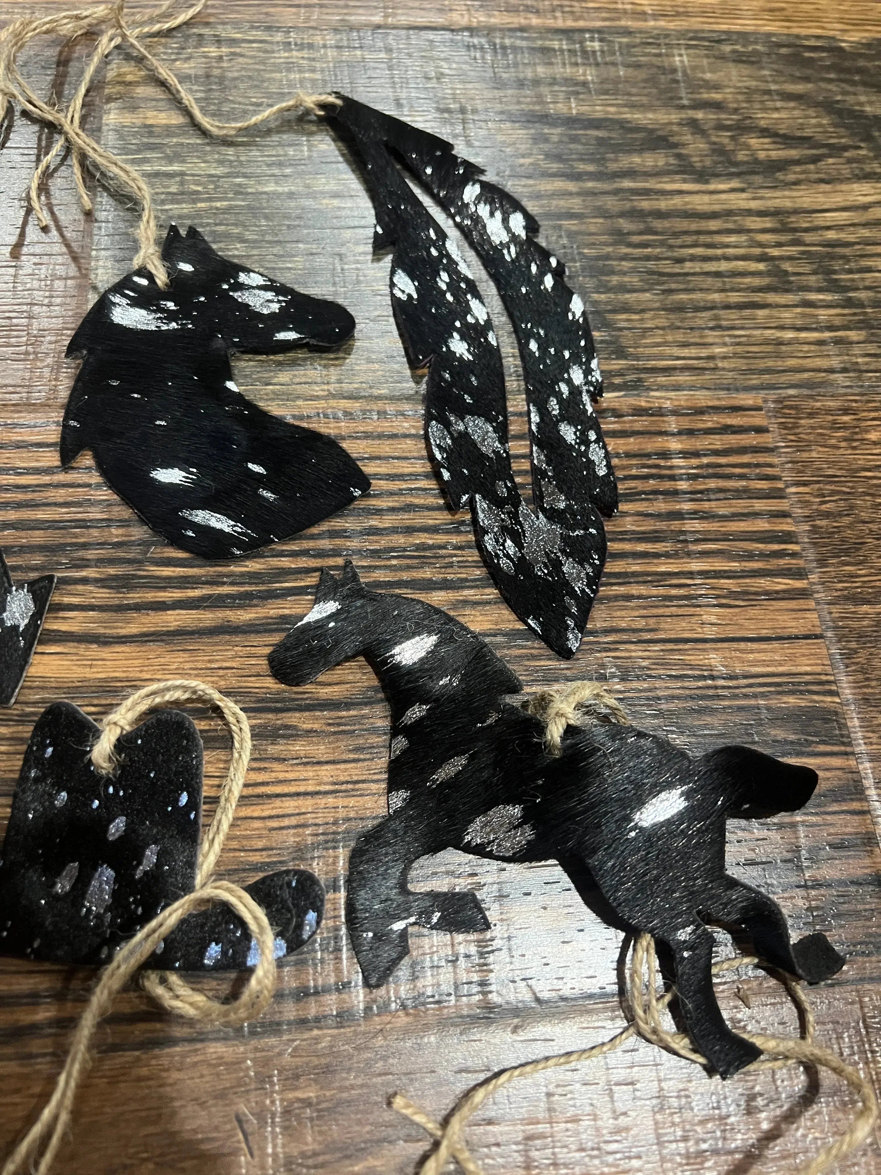 SILVER/BLACK ACID WASH Leather Cowhide Christmas Ornaments