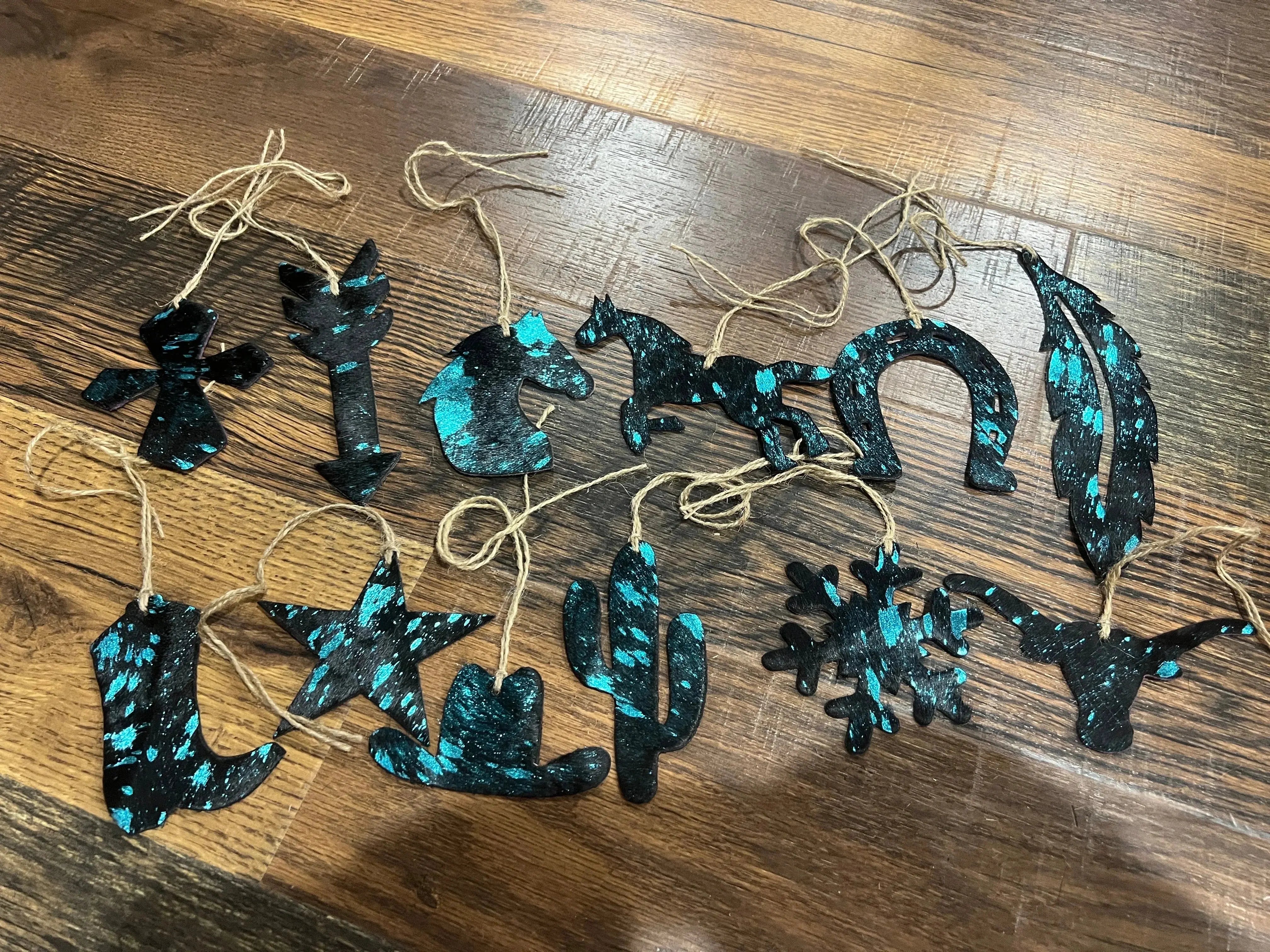 BLUE/BLACK ACID WASH Leather Cowhide Christmas Ornament- Sold Individually