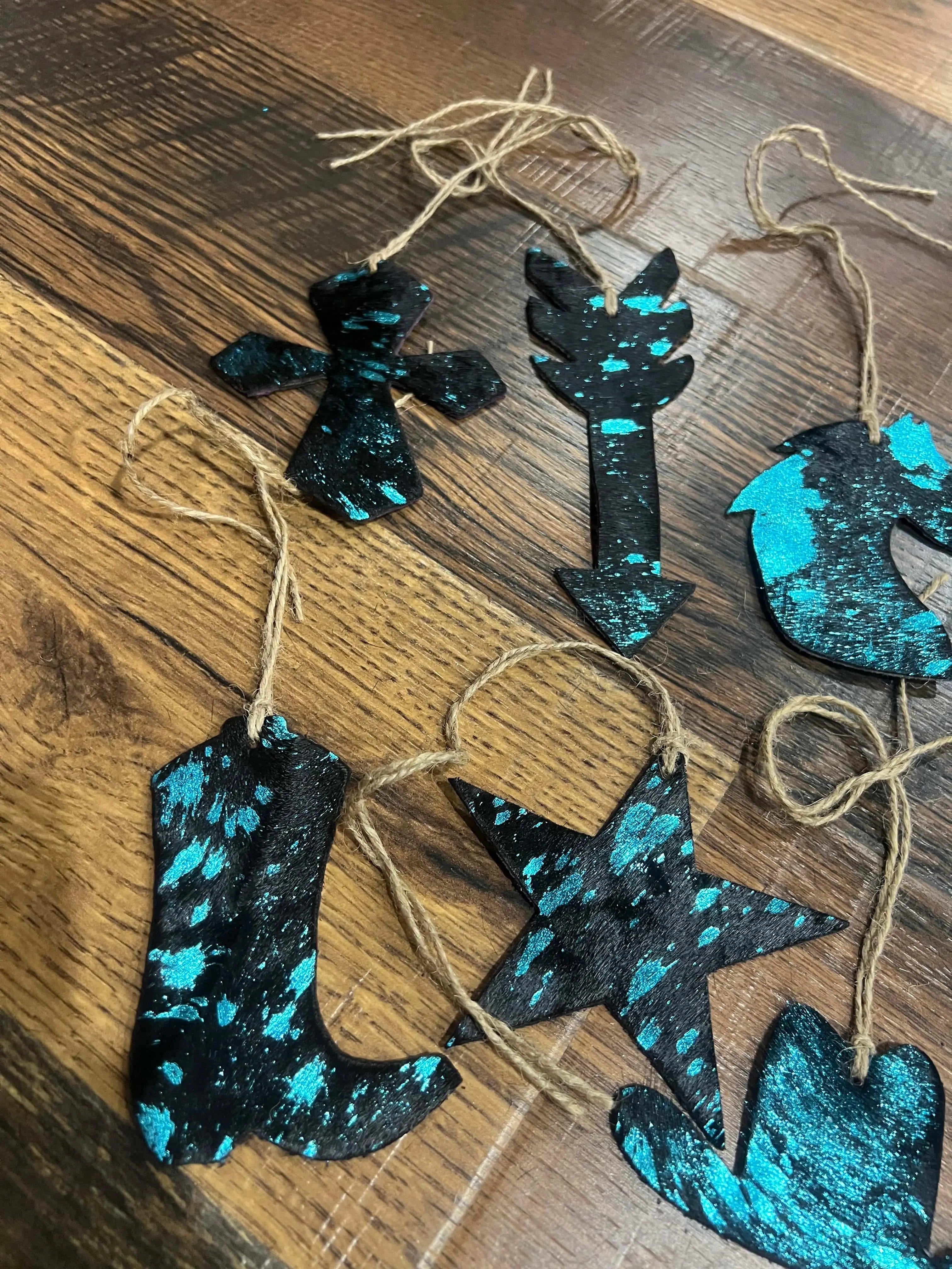 BLUE/BLACK ACID WASH Leather Cowhide Christmas Ornament- Sold Individually