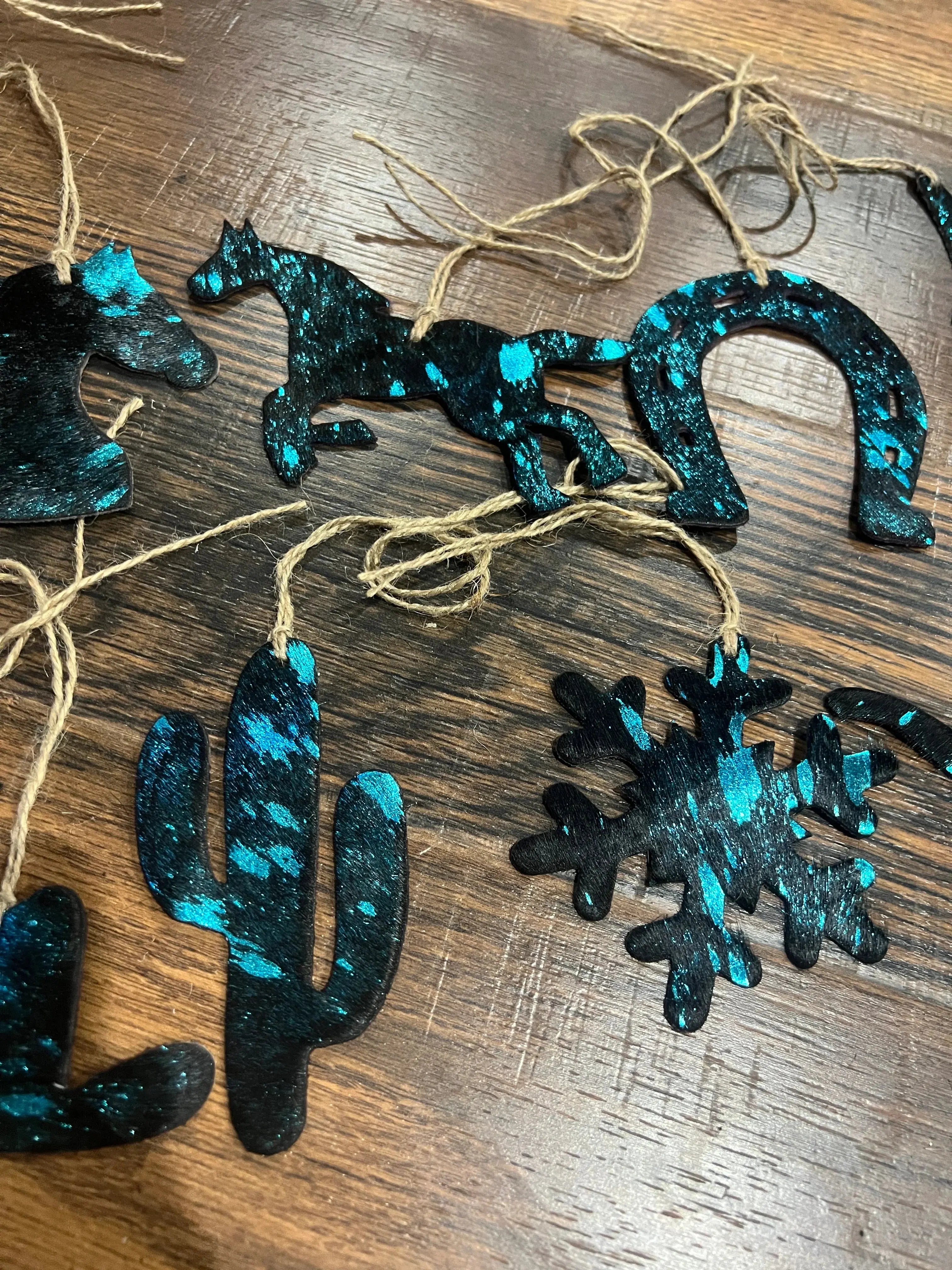 BLUE/BLACK ACID WASH Leather Cowhide Christmas Ornament- Sold Individually