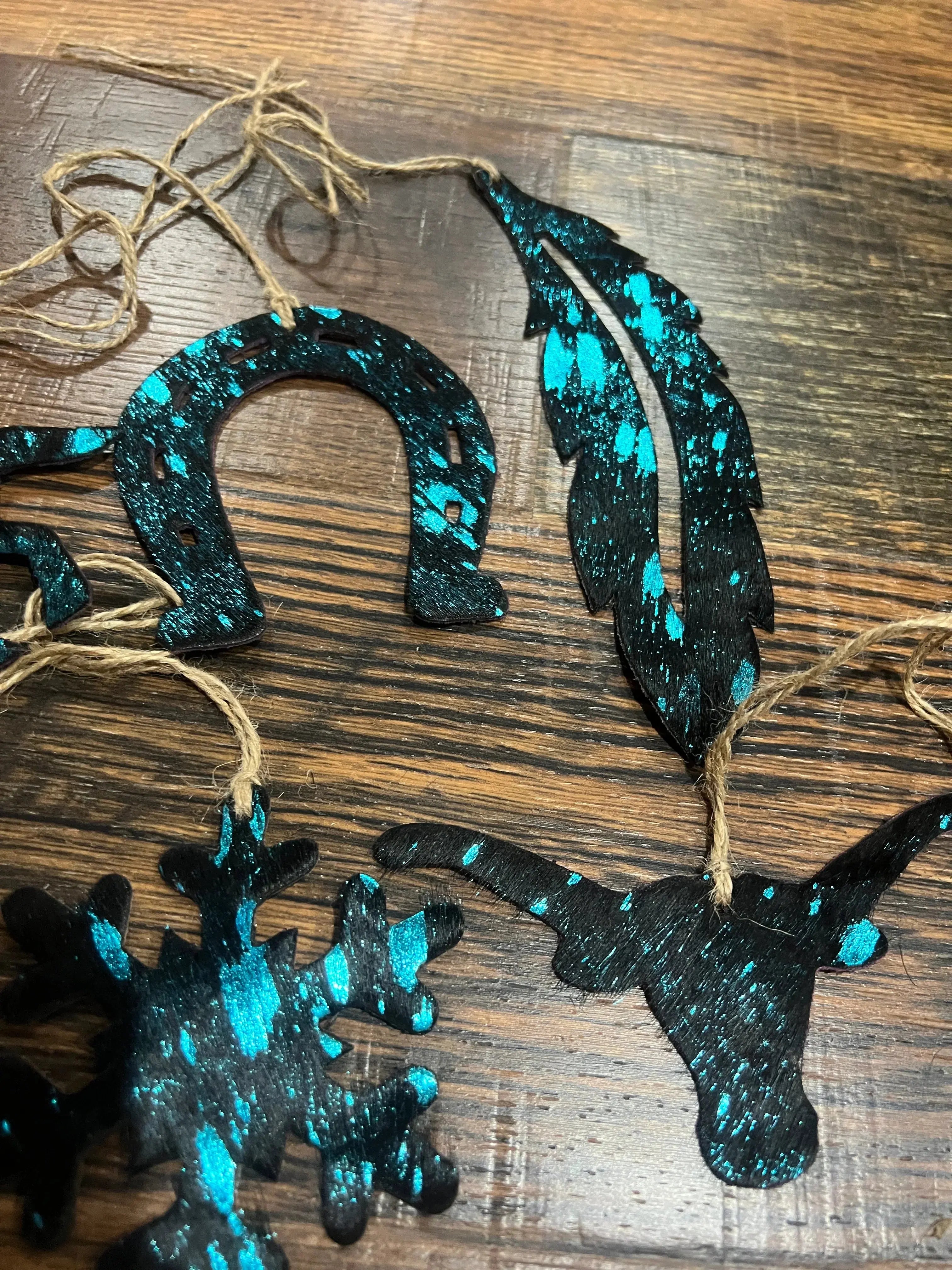 BLUE/BLACK ACID WASH Leather Cowhide Christmas Ornament- Sold Individually
