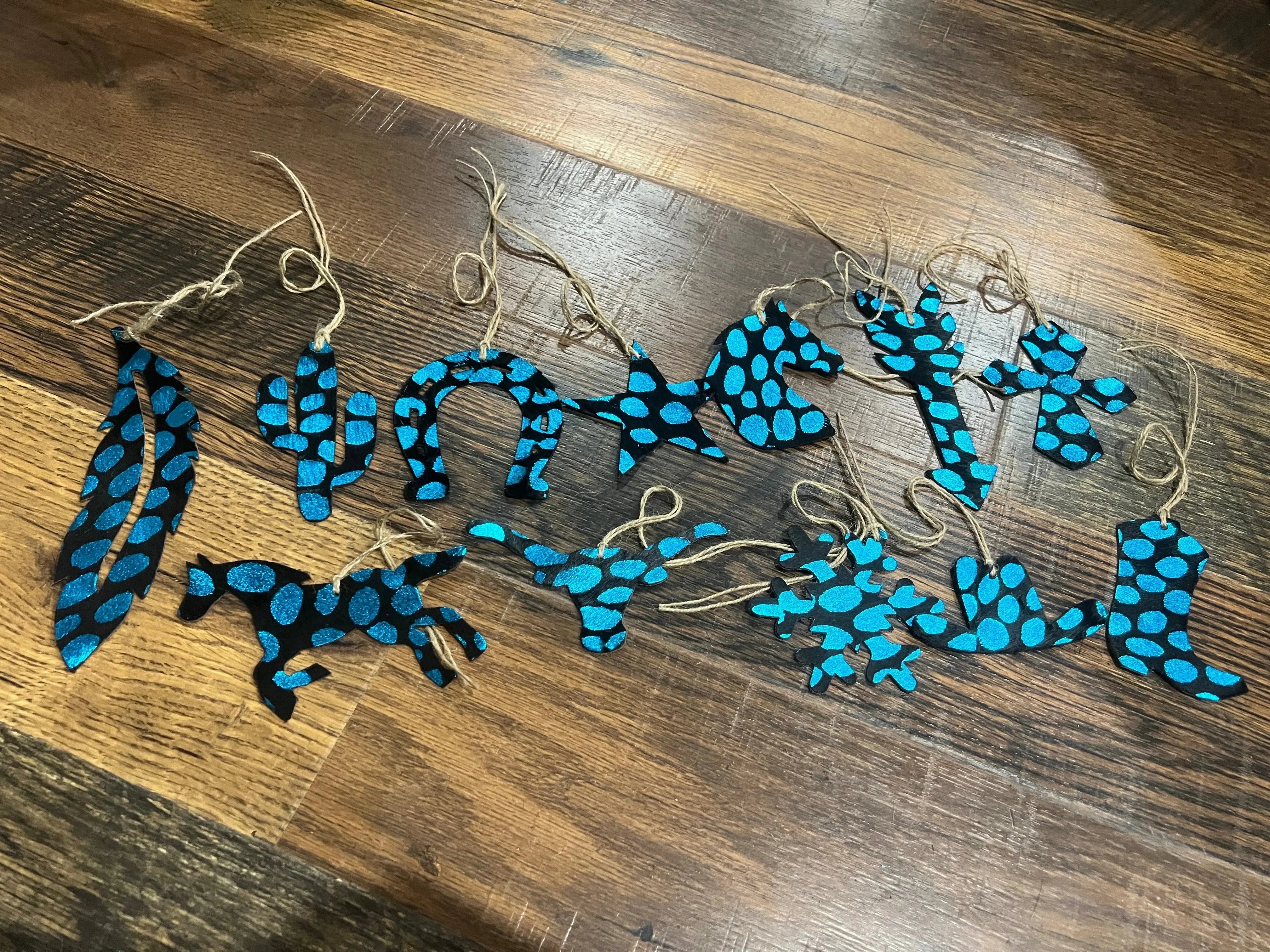 BLUE SPOTTED Leather Cowhide Christmas Ornament - Sold Individually