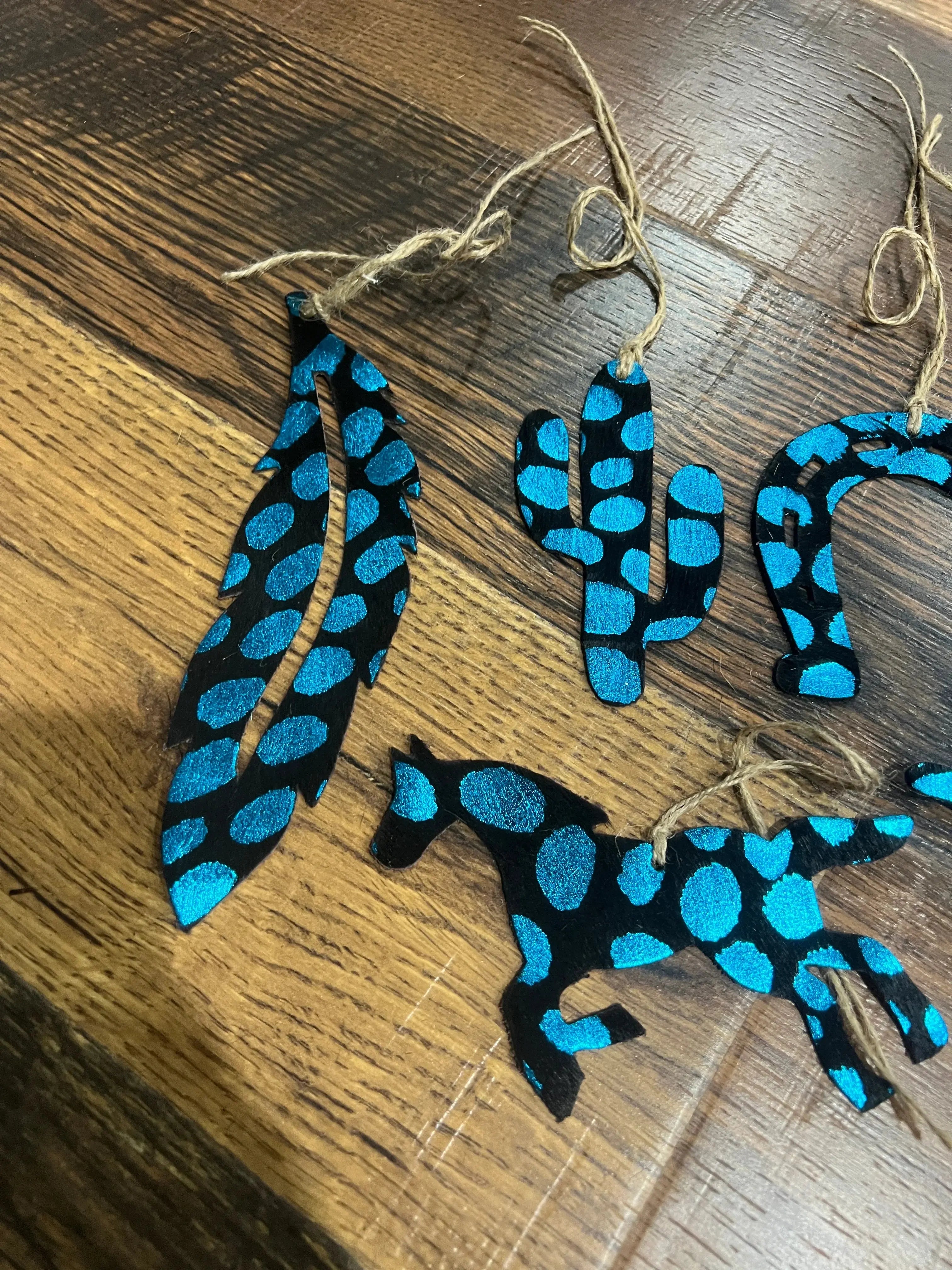 BLUE SPOTTED Leather Cowhide Christmas Ornament - Sold Individually