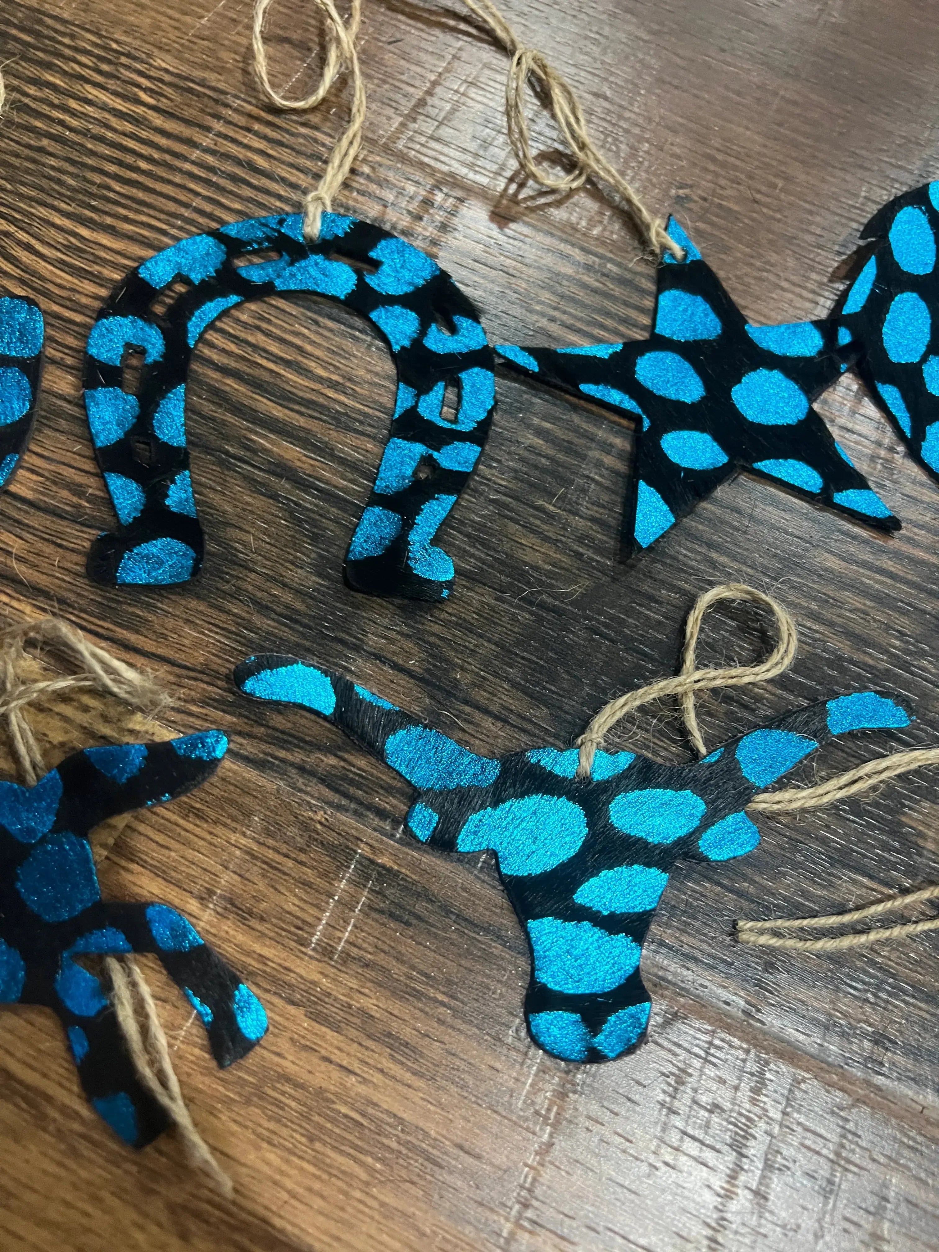 BLUE SPOTTED Leather Cowhide Christmas Ornament - Sold Individually