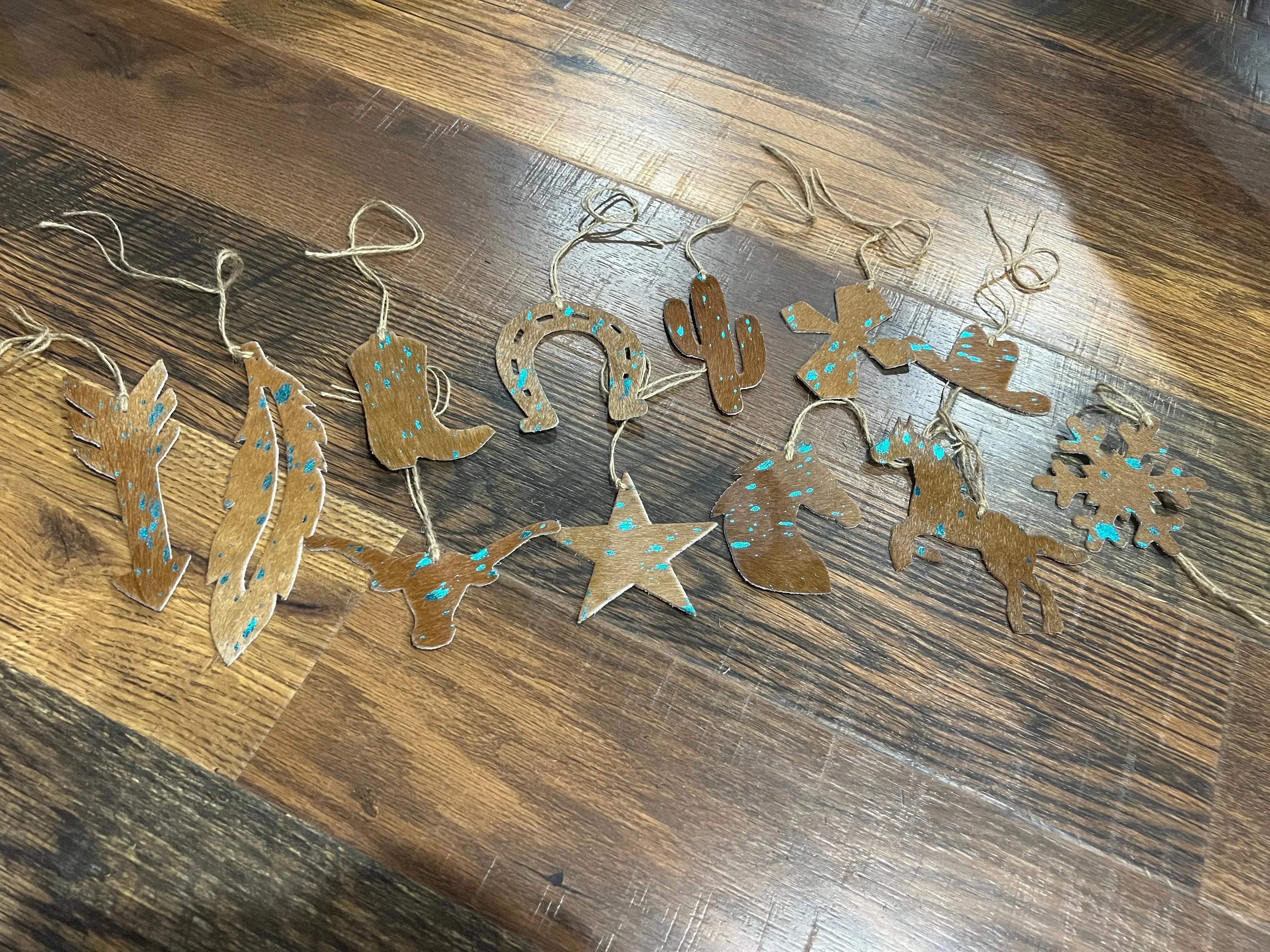 TEAL/BROWN ACID WASH Leather Cowhide Christmas Ornament - Sold Individually