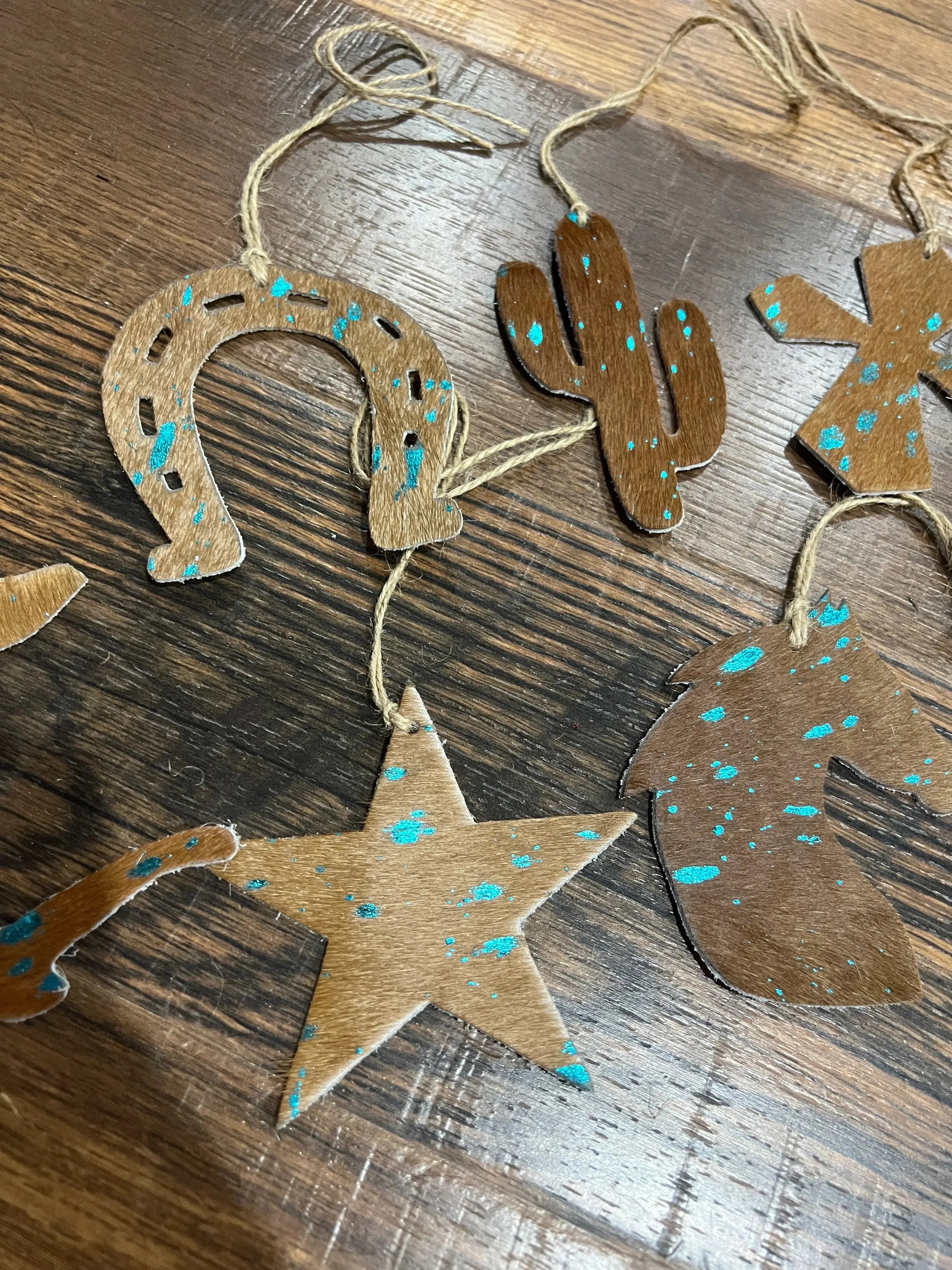 TEAL/BROWN ACID WASH Leather Cowhide Christmas Ornament - Sold Individually