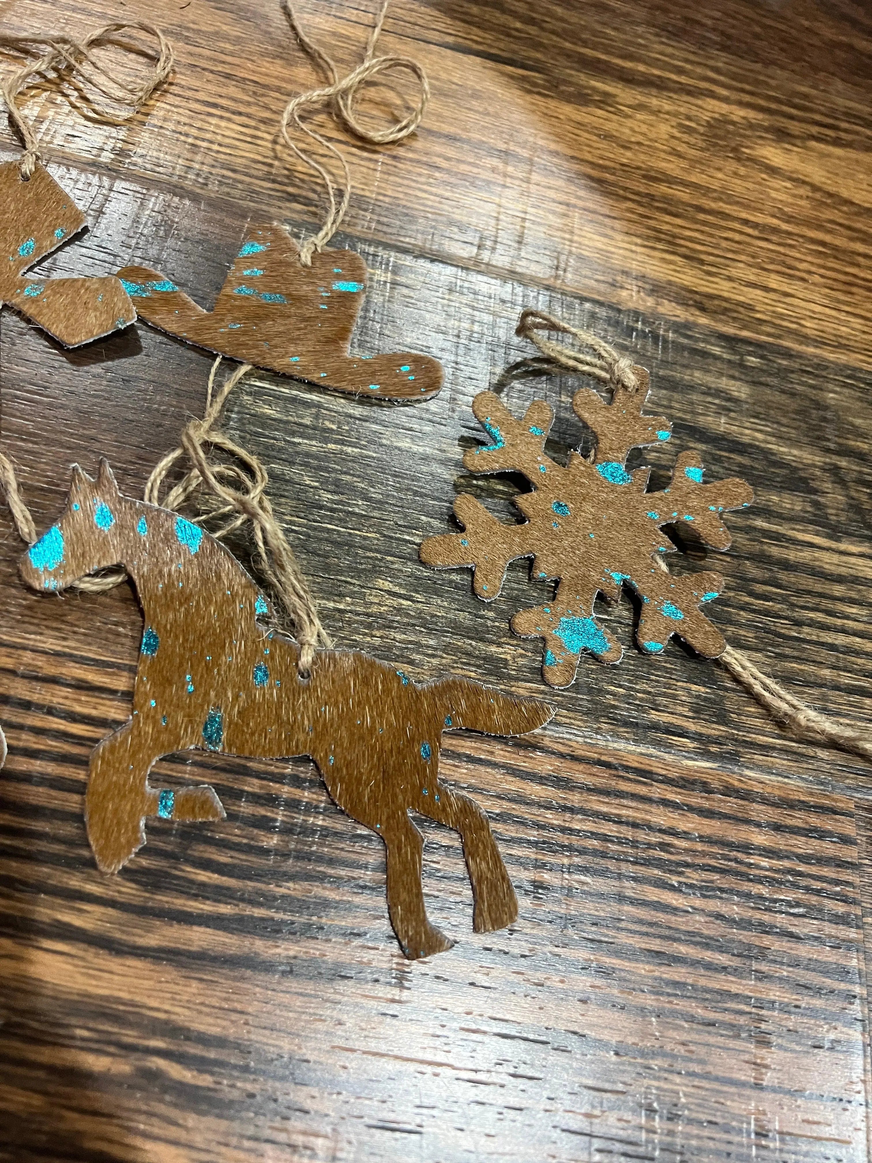 TEAL/BROWN ACID WASH Leather Cowhide Christmas Ornament - Sold Individually