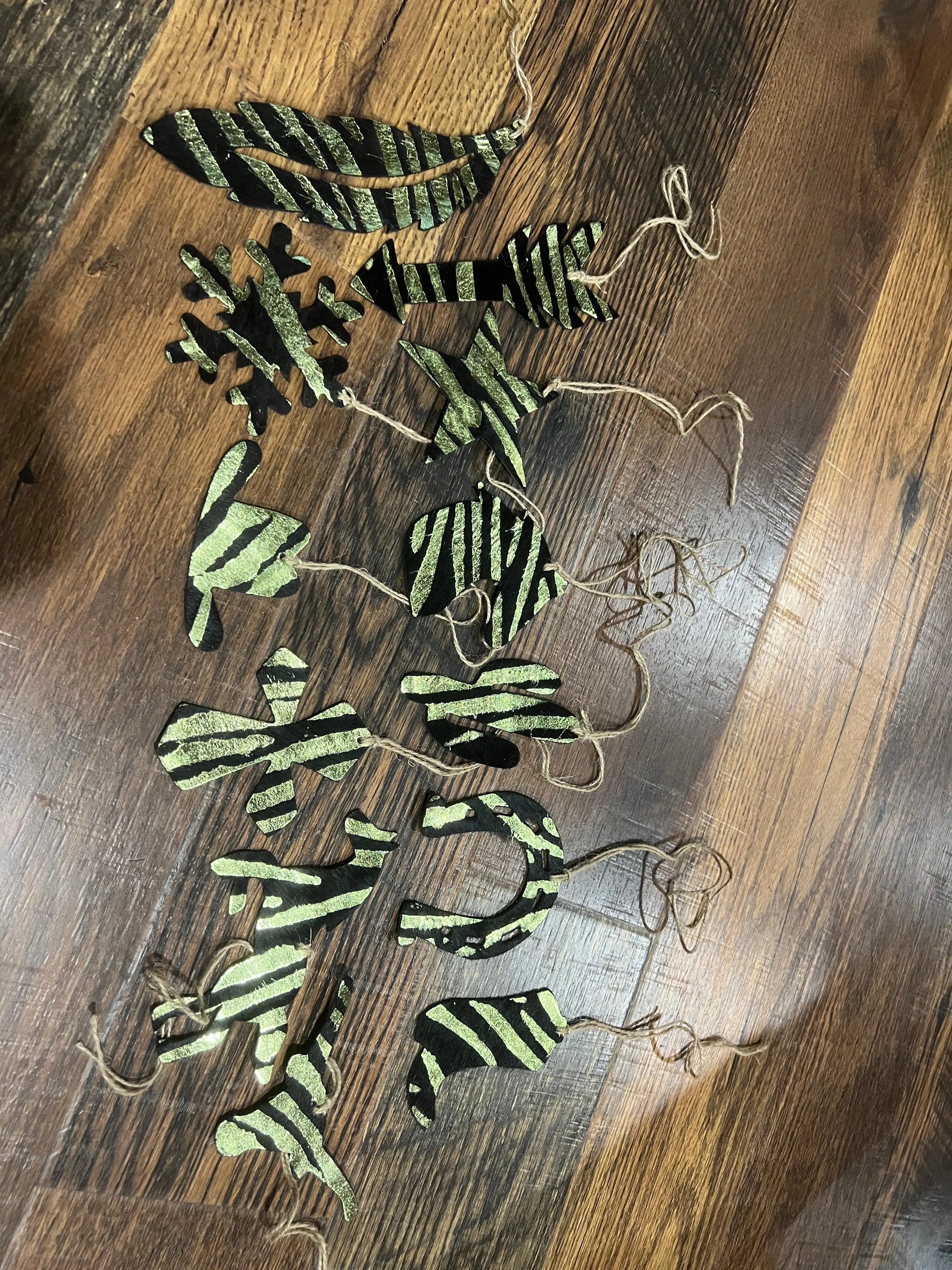 Green Zebra Leather Cowhide Christmas Ornament - Sold Individually