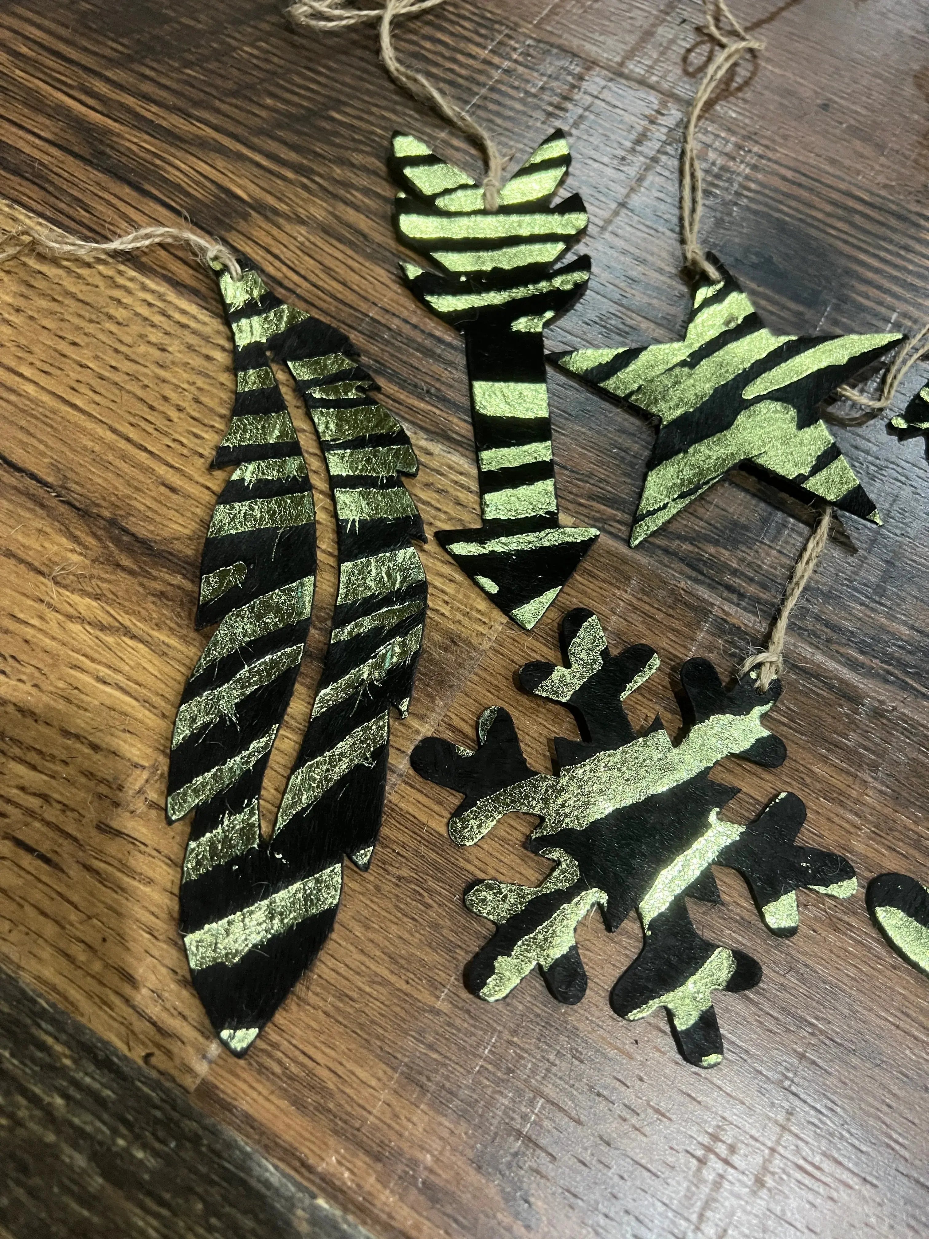Green Zebra Leather Cowhide Christmas Ornament - Sold Individually