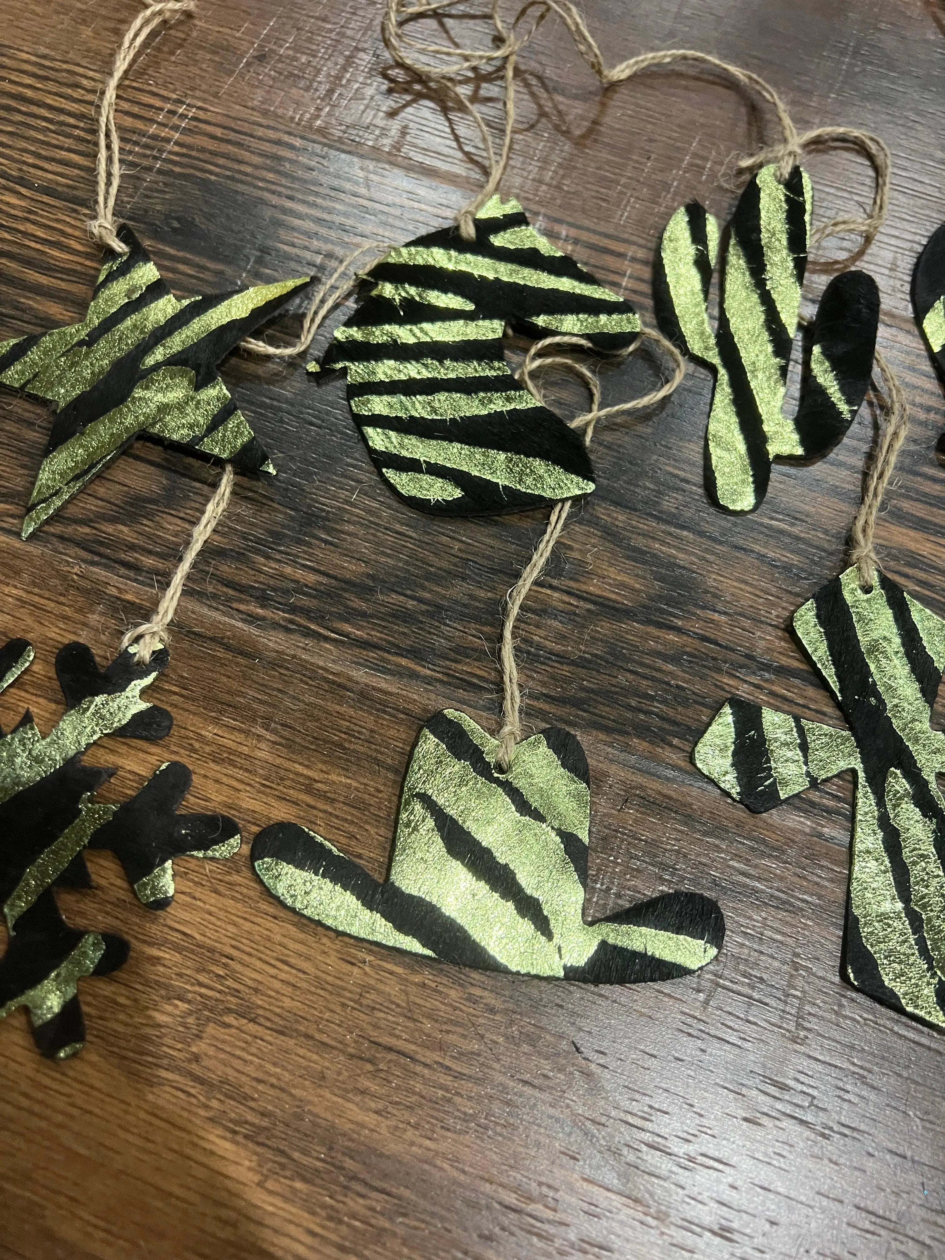 Green Zebra Leather Cowhide Christmas Ornament - Sold Individually