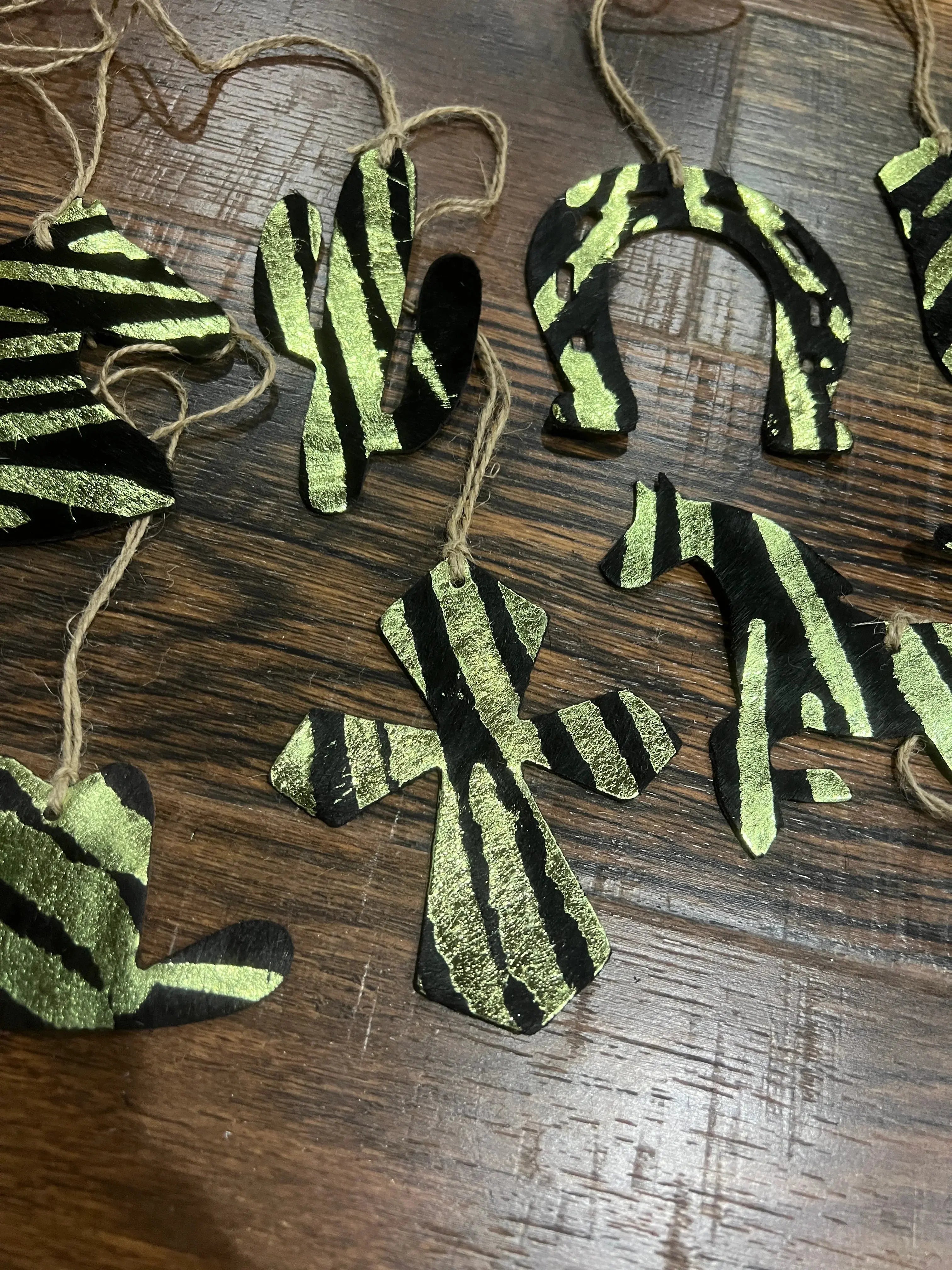 Green Zebra Leather Cowhide Christmas Ornament - Sold Individually
