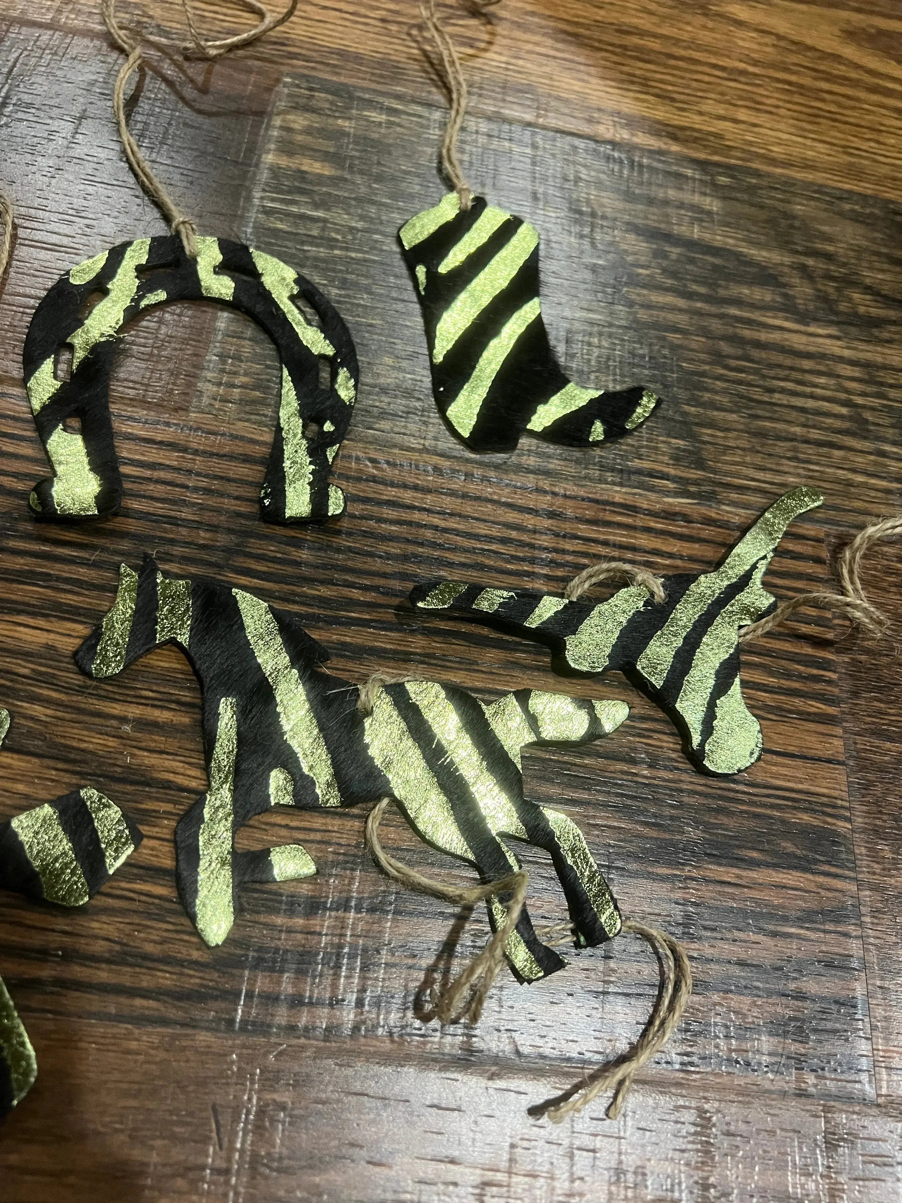 Green Zebra Leather Cowhide Christmas Ornament - Sold Individually