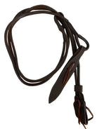 Dark brown oiled leather horse halter with stitched edges and metal buckle