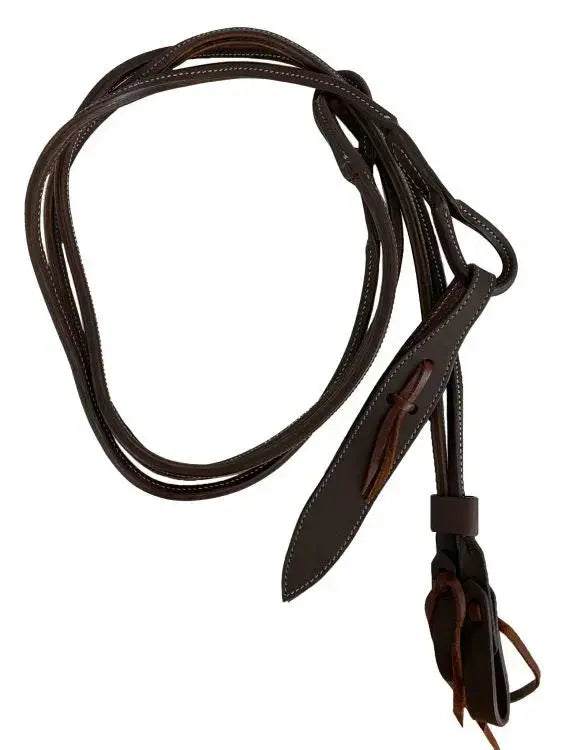 Dark brown oiled leather horse halter with stitched edges and metal buckle