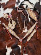 Brown leather sunflower cheetah print horse headstall breast collar set