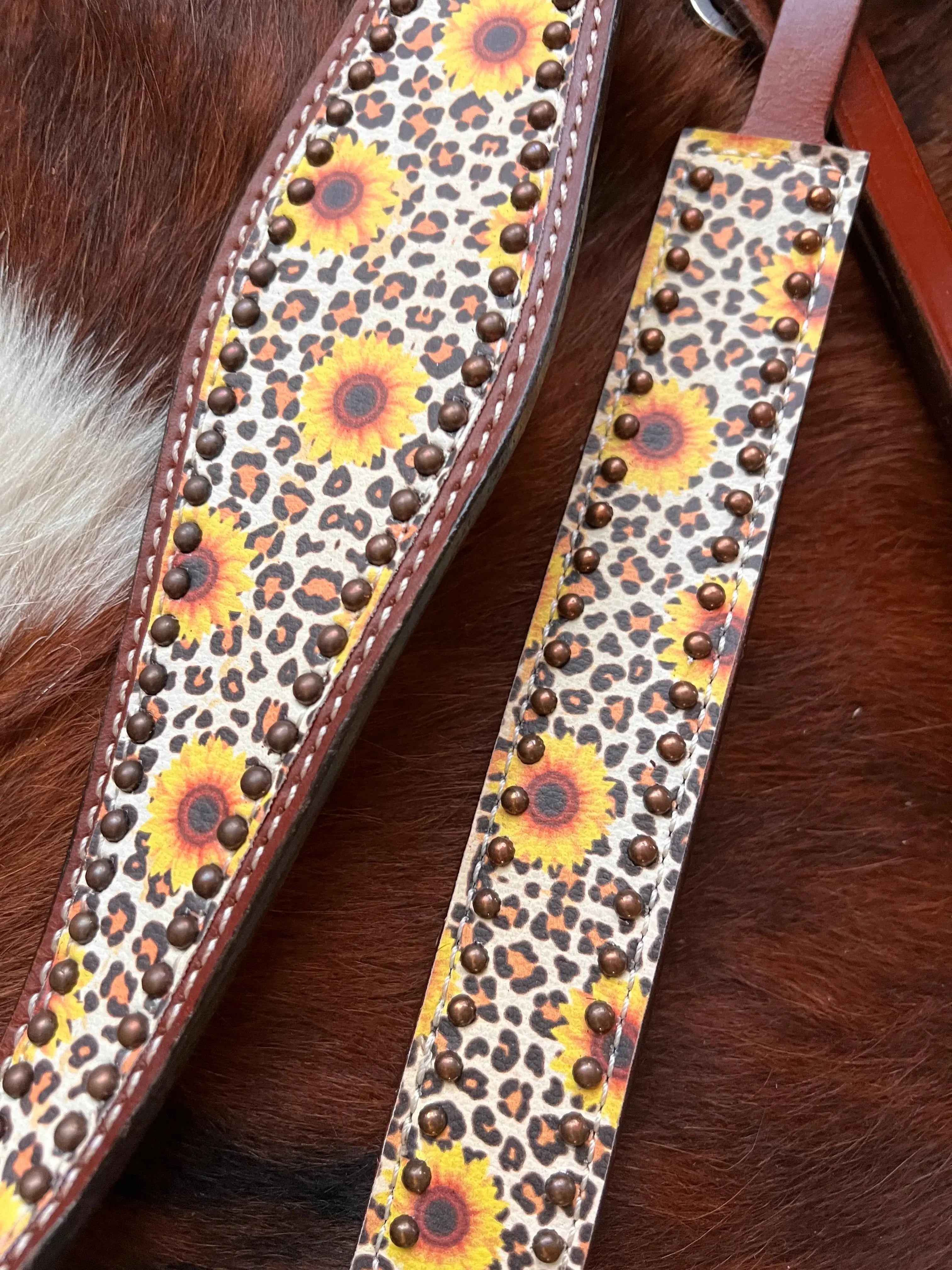 Sunflower cheetah print brown leather one ear headstall breast collar set