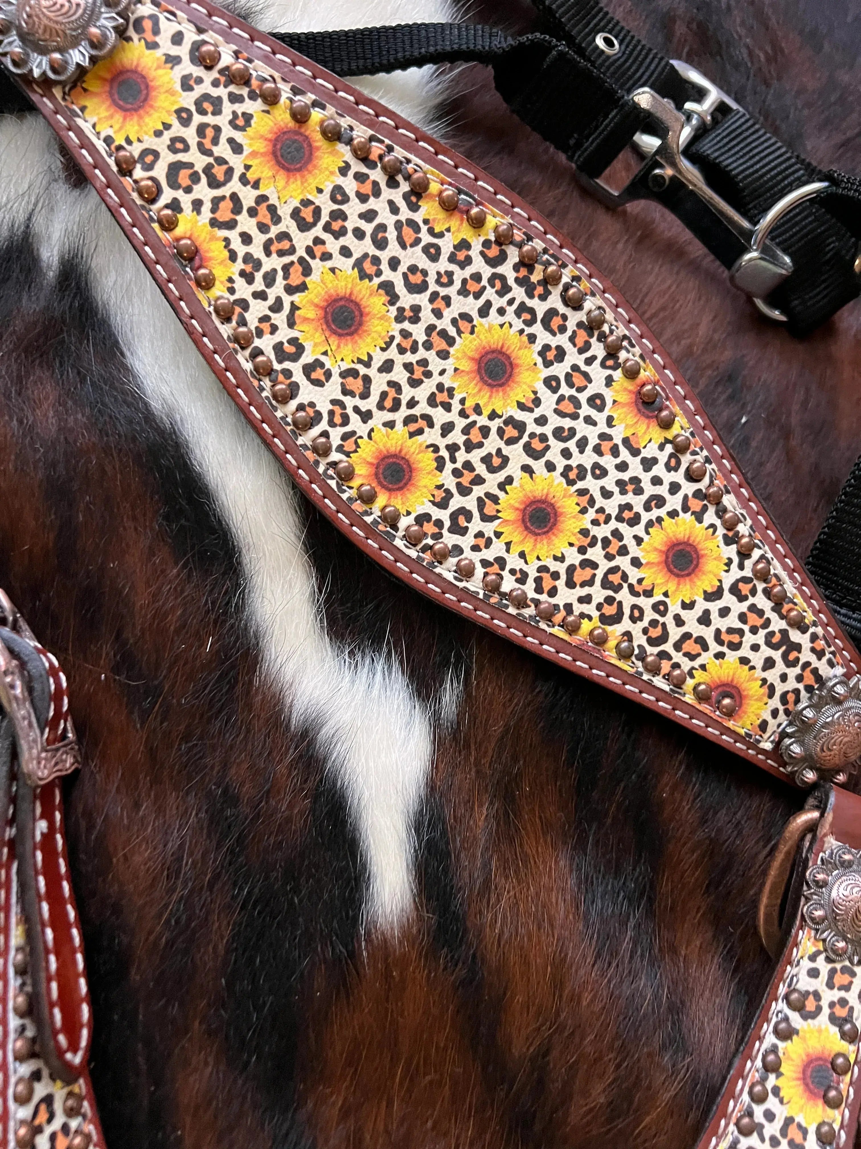 Sunflower cheetah print brown leather horse halter with silver conchos