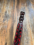 Leather Tooled Dog Collar with Red Buckstitching Dog