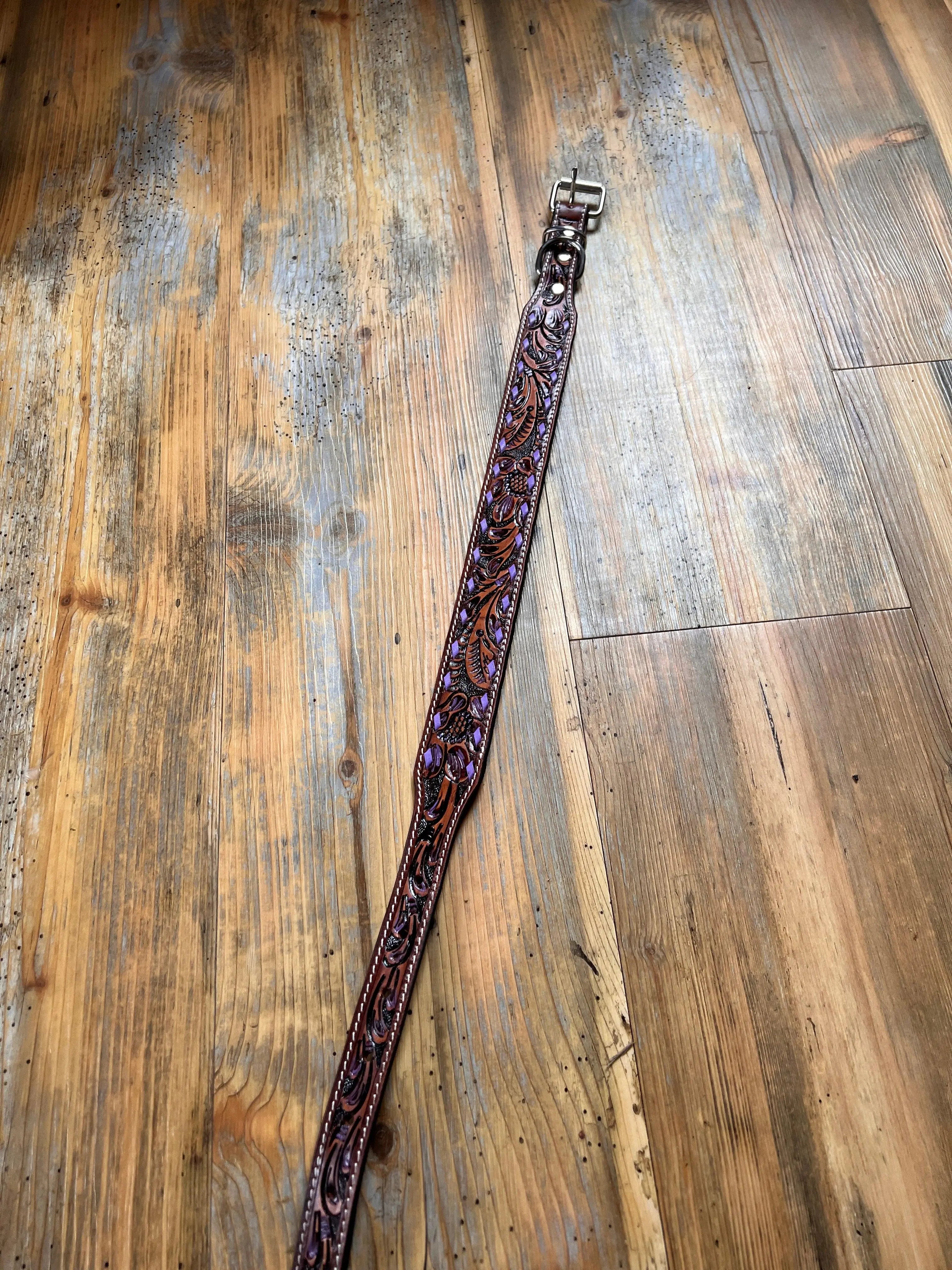 Leather Tooled Dog Collar with Purple Buckstitching Dog